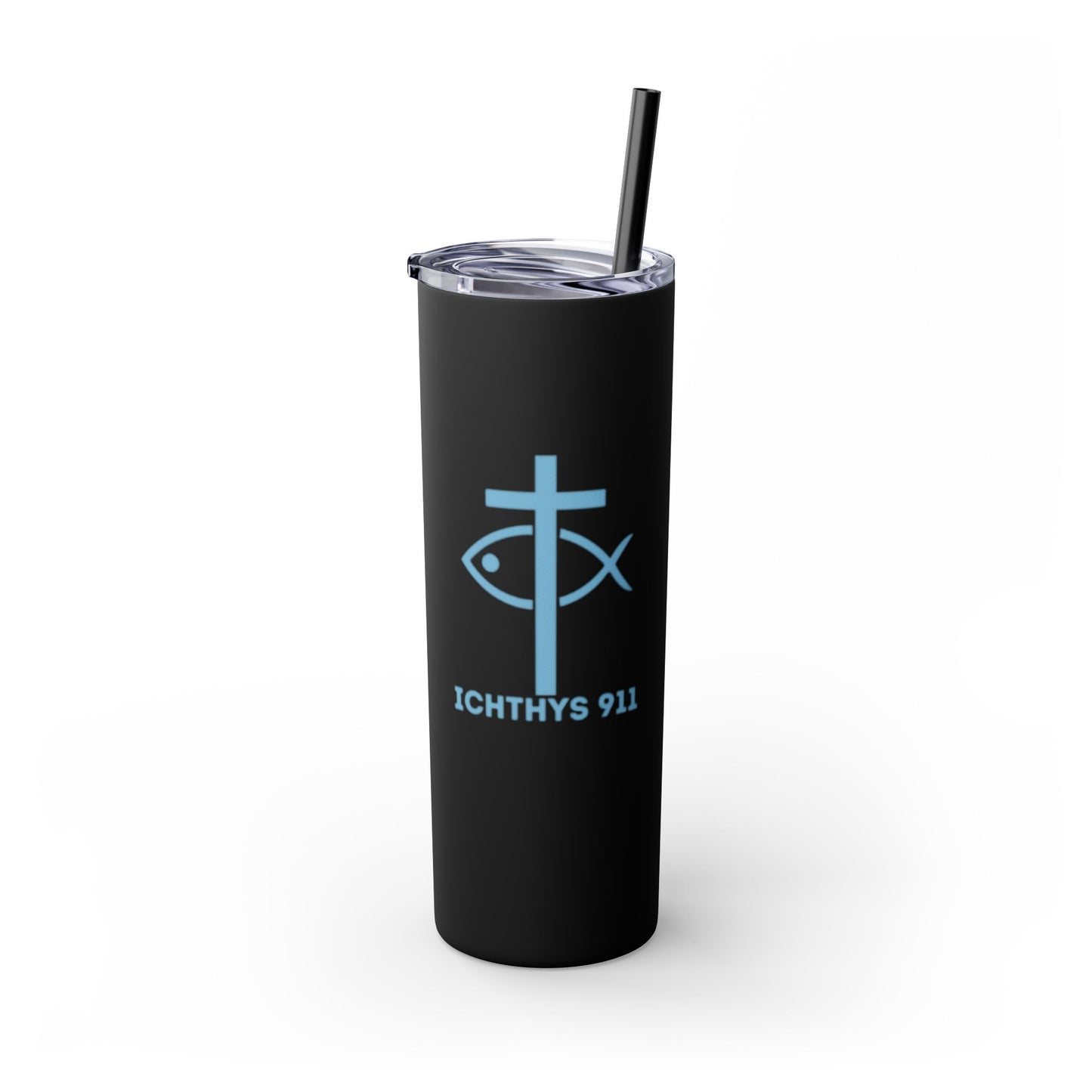 ICHTHYS 911 Pink & Blue Faith-Inspired Skinny Tumbler with Straw - 20oz Baby Shower Drip - Party Favor