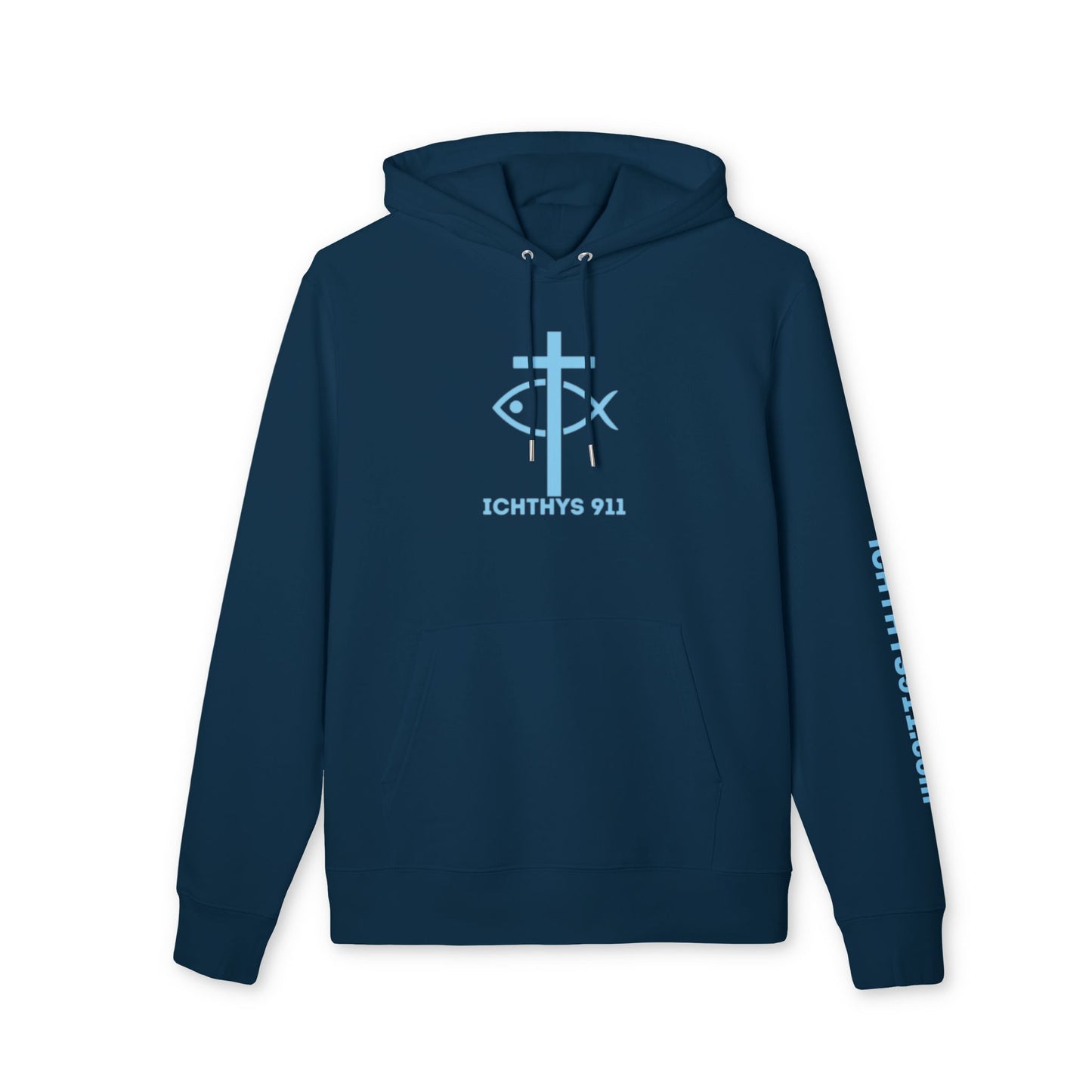 Iēsous Christos, Theou Yios, Sōtēr = Jesus Christ, Son of God, Savior - Unisex - Blue Font - Sweatshirt - ICHTHYS 911 - Hoodie -100% Organic- Heavy