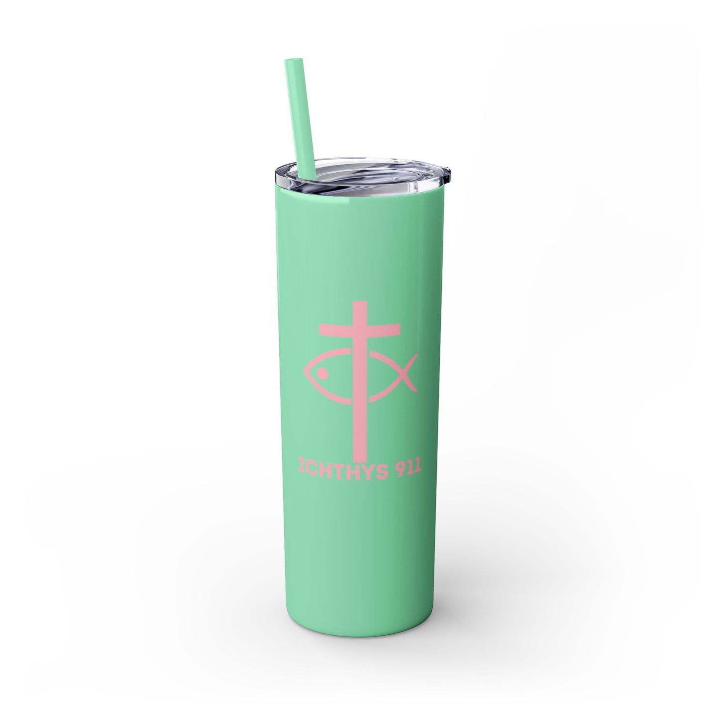 ICHTHYS 911 Pink & Blue Faith-Inspired Skinny Tumbler with Straw - 20oz Baby Shower Drip - Party Favor