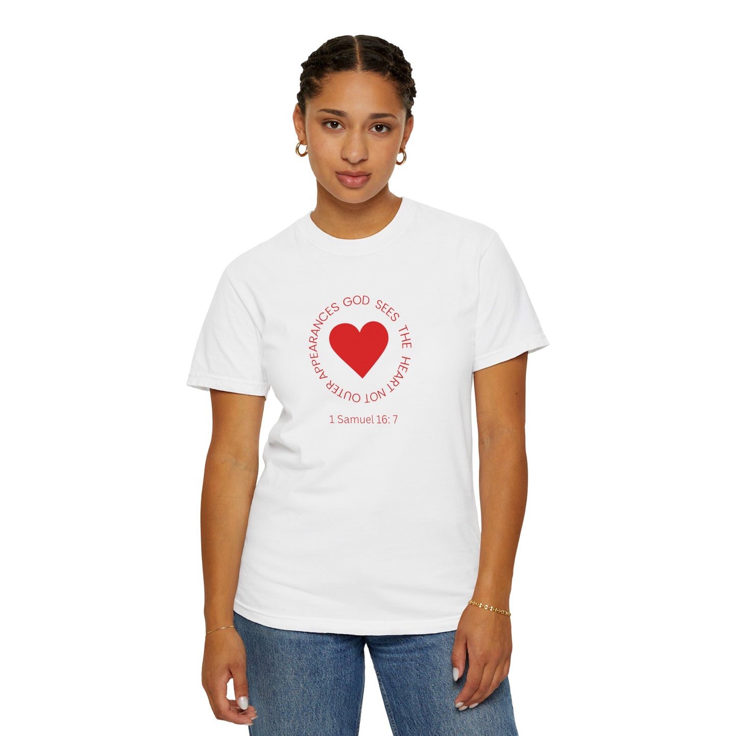 ICHTHYS 911 - "God Sees the Heart" Reverse Design - White Font - Unisex Garment - Dyed T-Shirt - 100% US Cotton - Men T-Shirt - Women T-Shirt - Inspirational Graphic T-Shirt for Everyday Motivation