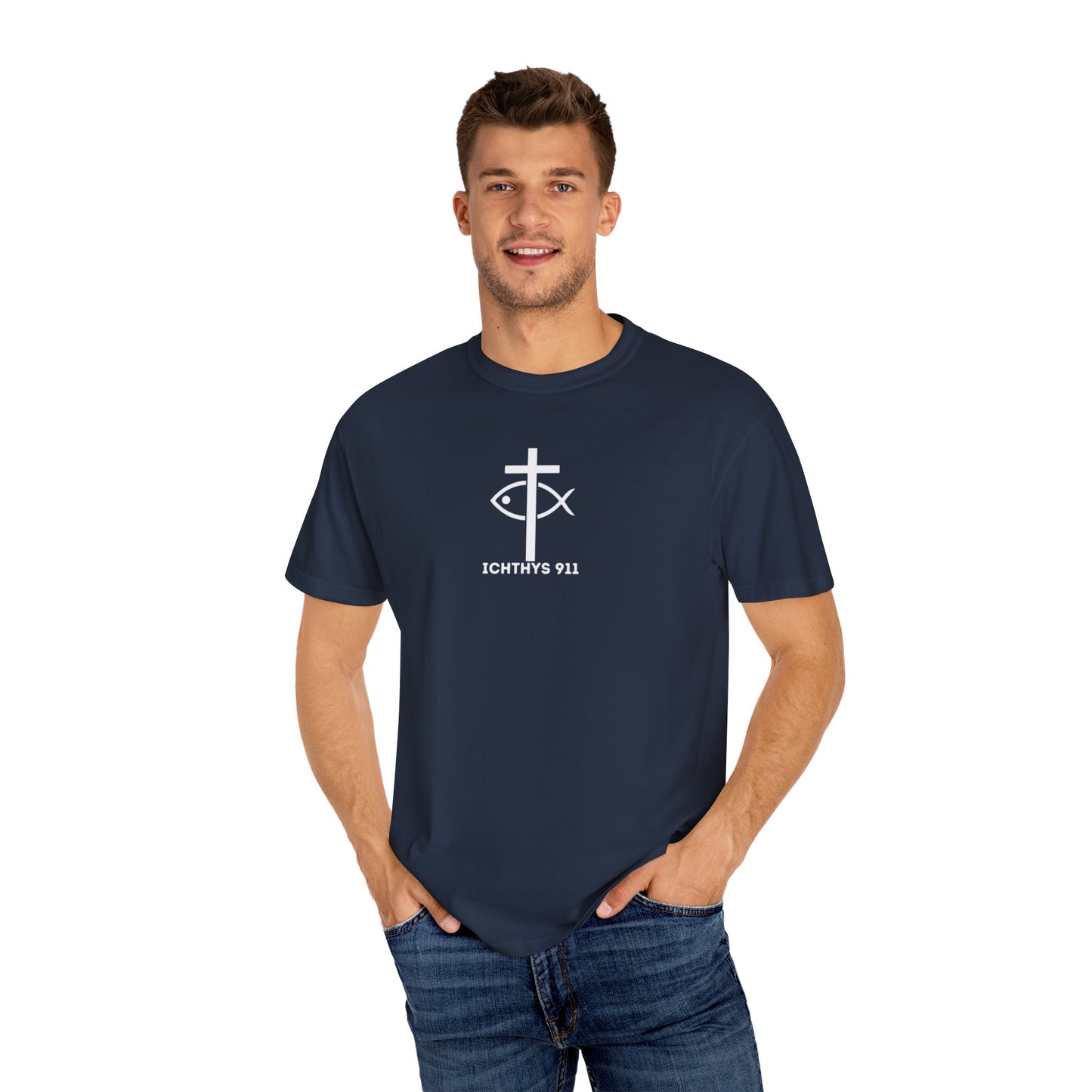 ICHTHYS 911 - White Font "Authentic" - Unisex - Men T-Shirt - Women T-Shirt - Christian Streetwear T-Shirt - Jesus Gym & Faith Fashion, Unisex Garment-Dyed T-Shirt