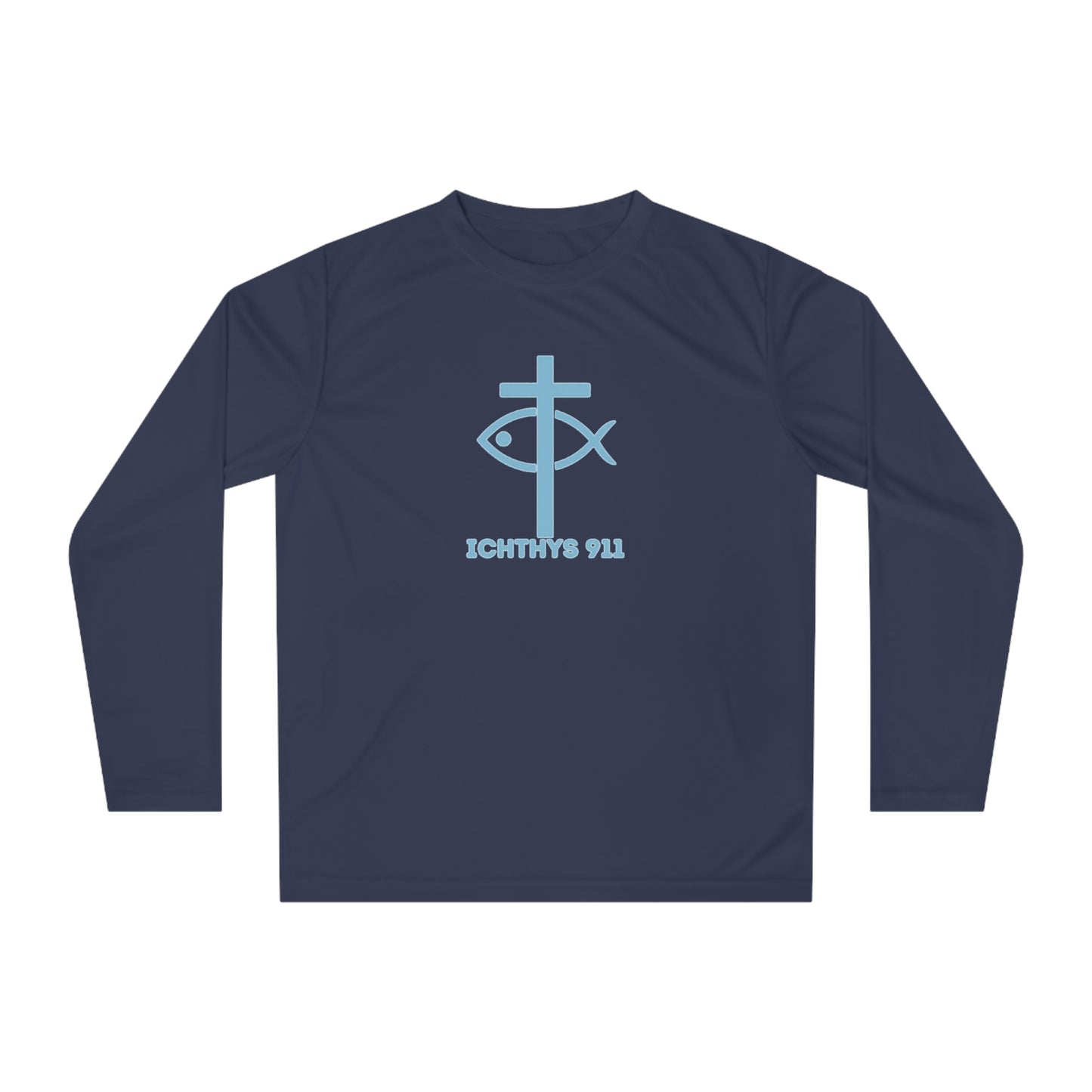 ICHTHYS 911 - Blue Font "Run with Endurance Hebrew 12:1" Reverse Unisex Performance Long Sleeve Shirt - ICHTHYS 911 Christian Activewear