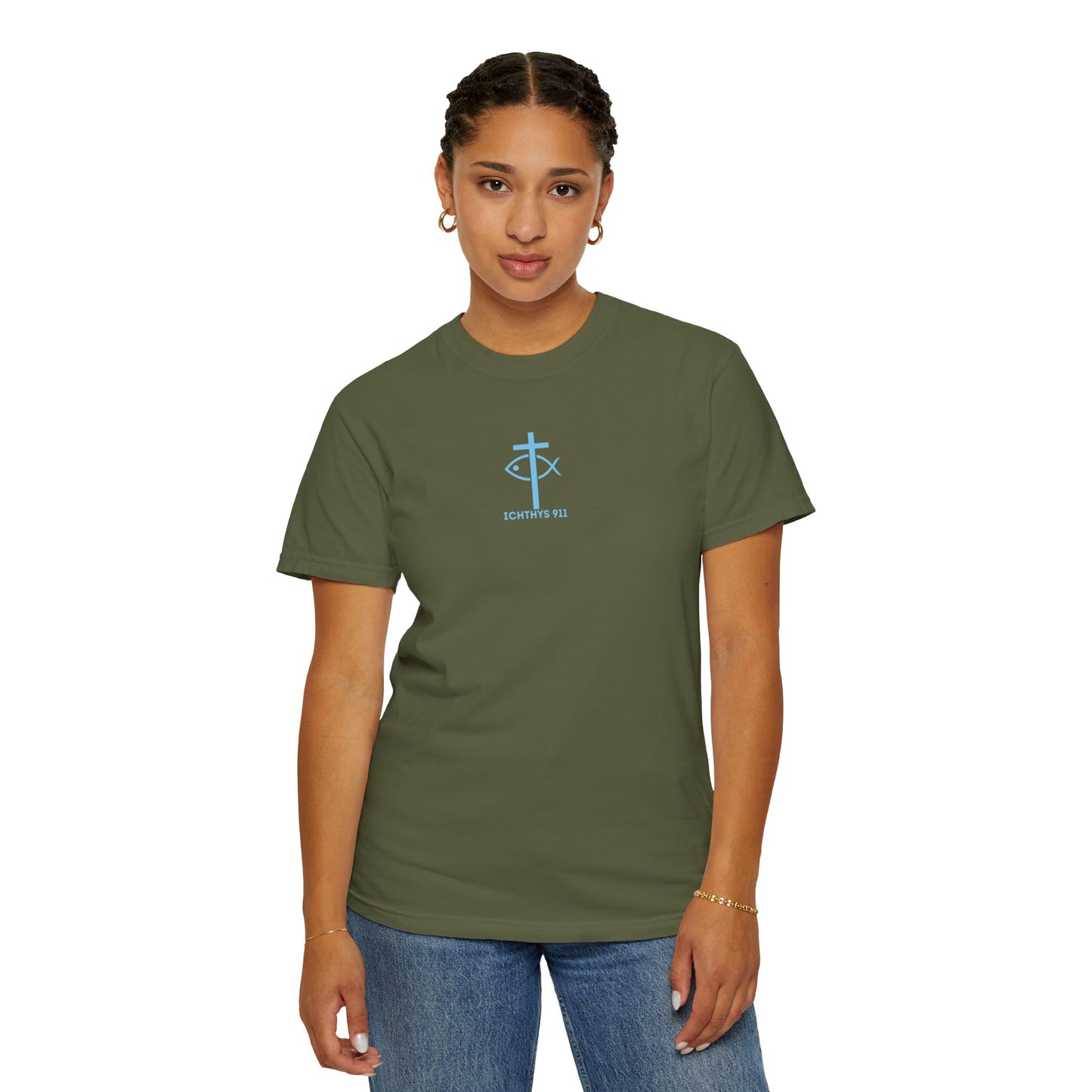 ICHTHYS 911 - Blue Font - Vendor - "Iēsous Christos, Theou Yios, Sōtēr" - Garment-Dyed Unisex T-Shirt - Men T-Shirt - Women T-Shirt - Christian Symbol - Greek - Faith Inspired -Christian Streetwear – Jesus Gym & Faith Fashion, Unisex Garment