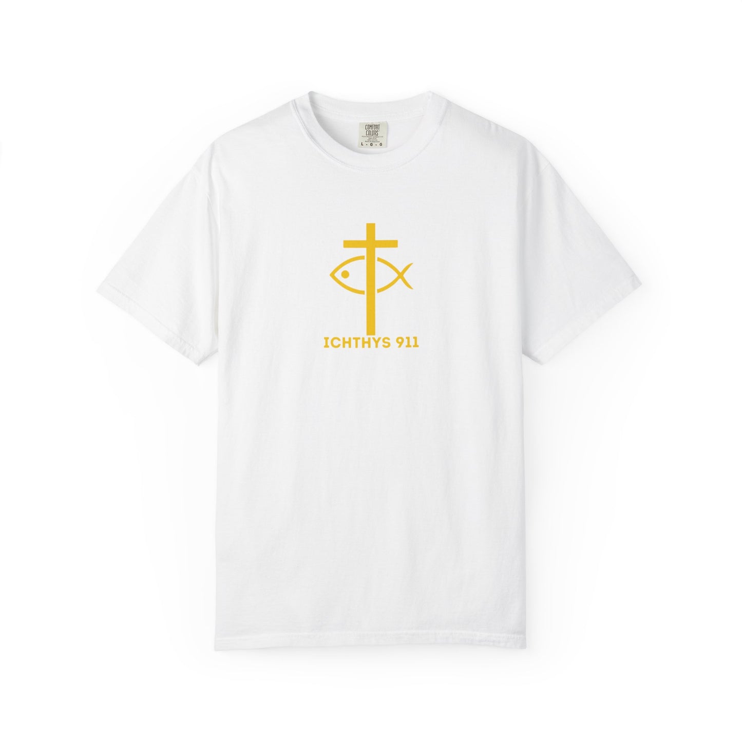 ICHTHYS 911 - "God Sees the Heart" Reverse' Gold Font - Unisex Garment - Dyed T-Shirt - 100% US Cotton - Men T-Shirt - Women T-Shirt - Inspirational Graphic T-Shirt for Everyday Motivation