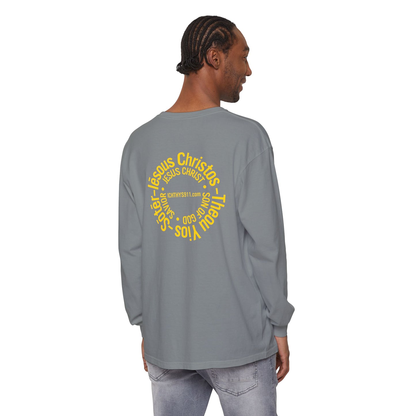Authentic ICHTHYS 911 Collection -  Gold Font - Unisex Garment Dyed Long Sleeve T-Shirt - Men Long Sleeve - Women Long Sleeve - Christian Faith Symbol Tee - Faith Inspired