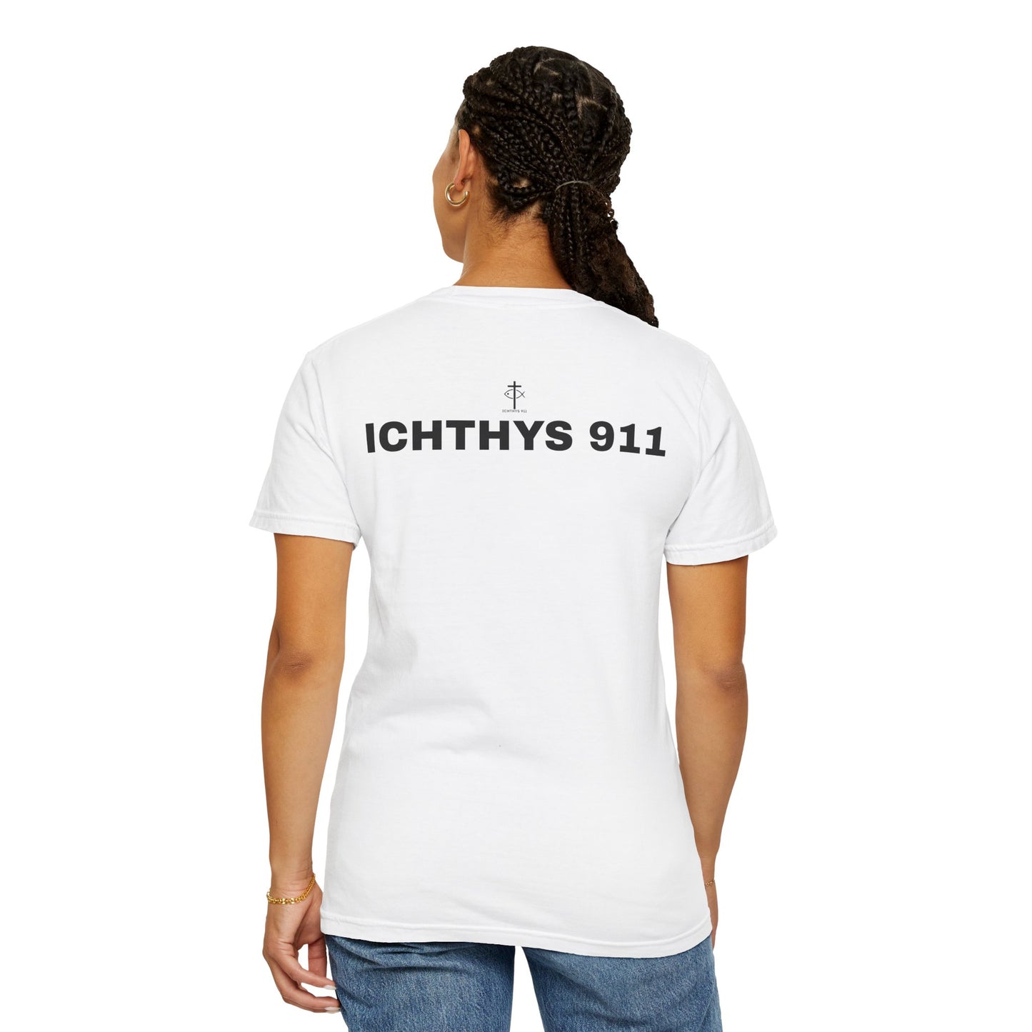 ICHTHYS 911 - Authentic - Christian Streetwear T-Shirt – Jesus Gym & Faith Fashion - Men T-Shirt - Women T-Shirt -Unisex Garment-Dyed T-Shirt Black Font