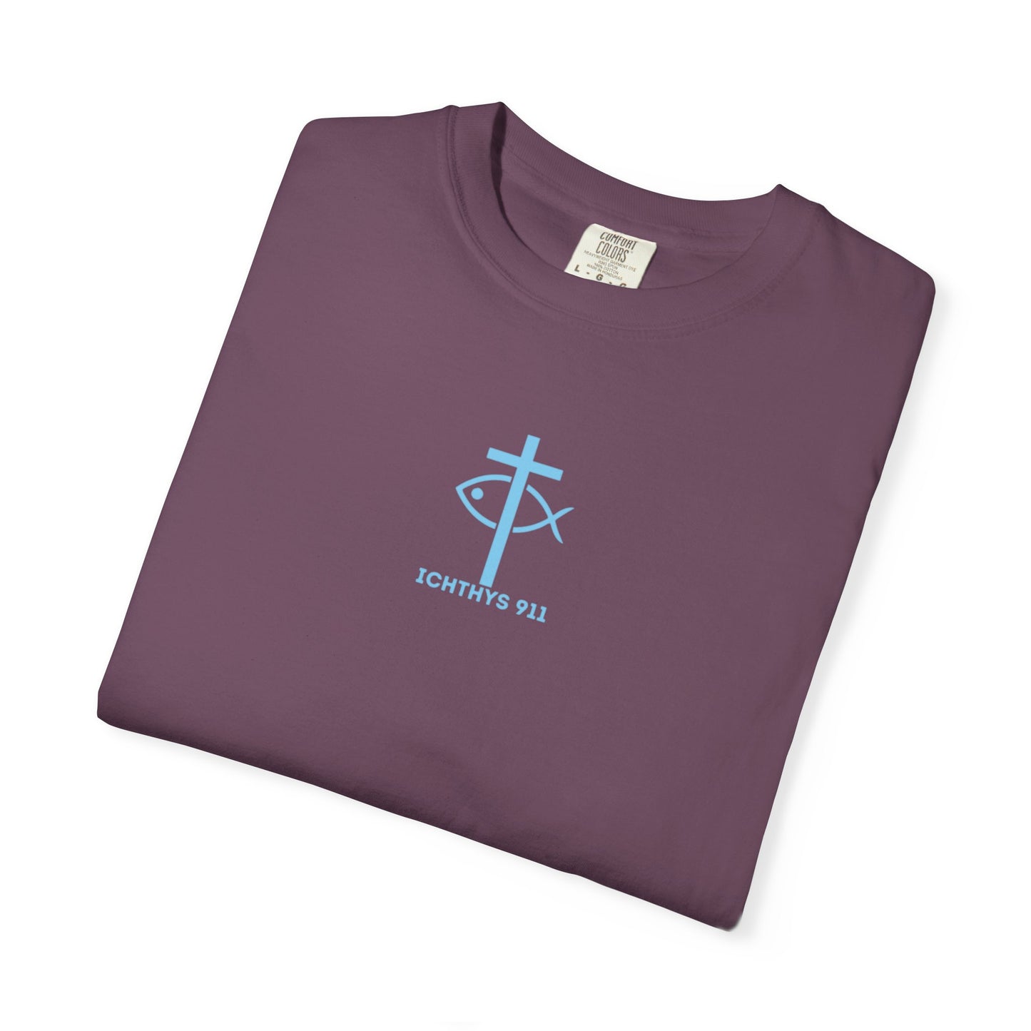 ICHTHYS 911 - Blue Font - Vendor - "Iēsous Christos, Theou Yios, Sōtēr" - Garment-Dyed Unisex T-Shirt - Men T-Shirt - Women T-Shirt - Christian Symbol - Greek - Faith Inspired -Christian Streetwear – Jesus Gym & Faith Fashion, Unisex Garment
