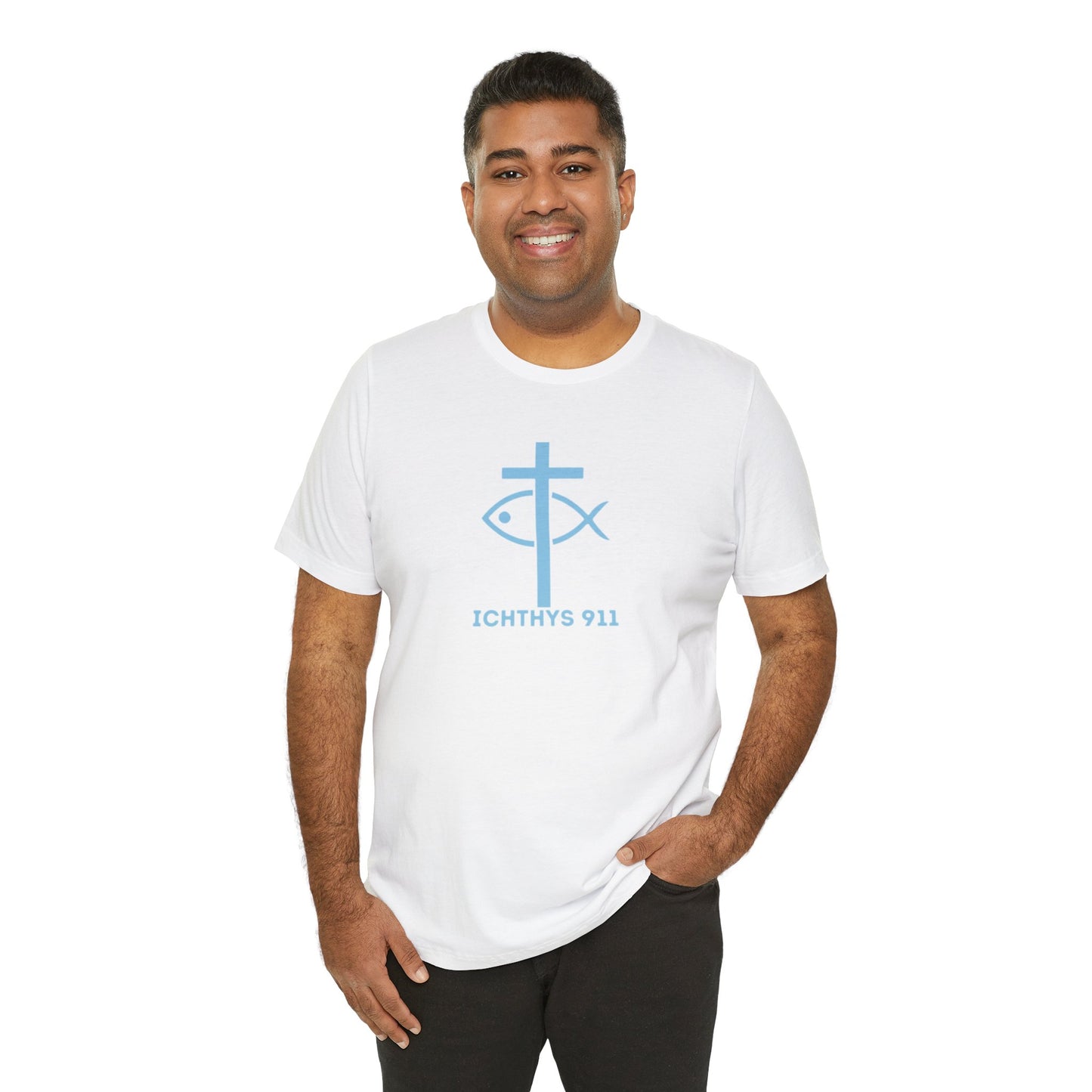 ICHTHYS 911 - "Roll With God Ride With Jesus" - Blue Font - Unisex T- Shirt - Lightweight 100% Cotton - Summer T - Arm Form Fitting - Men T- Shirt - Women T-Shirt - Christian T-Shirt - Love Like Jesus