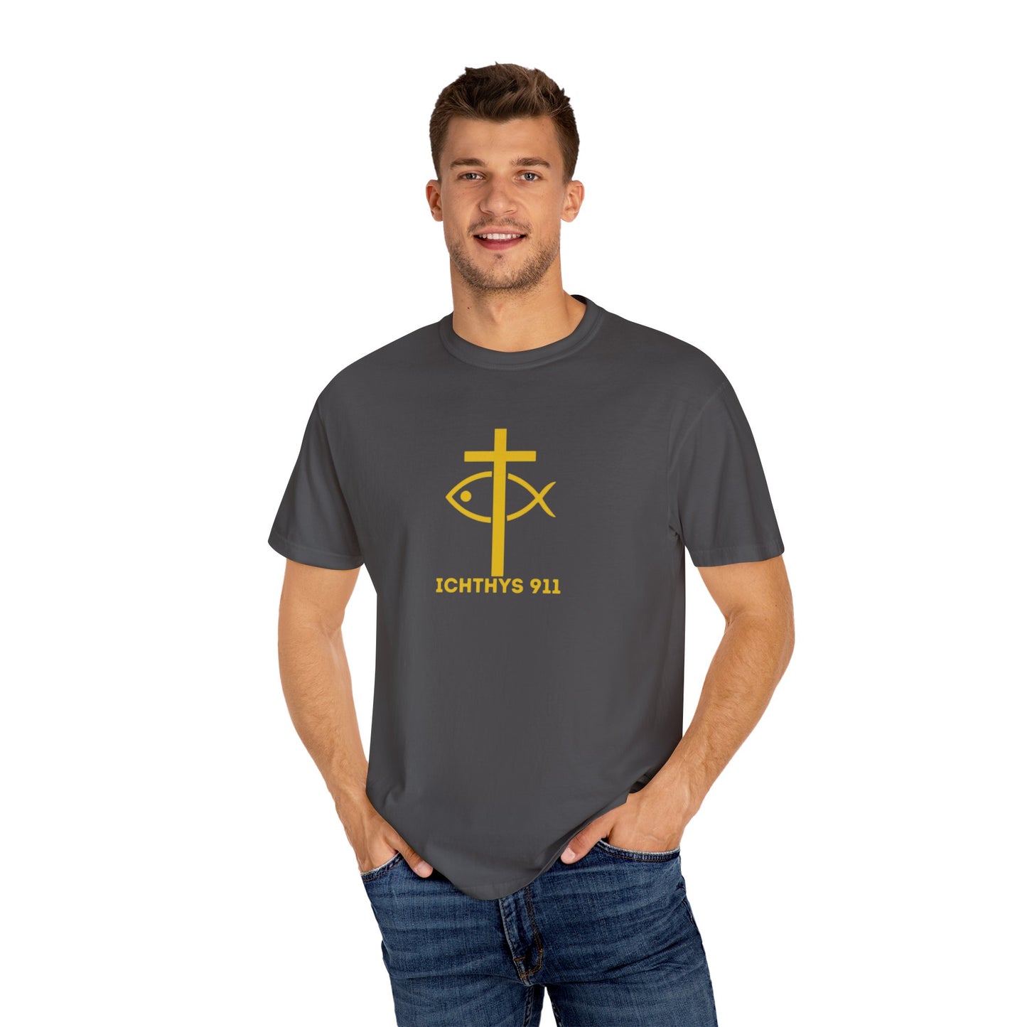"Jesus Christ Son of God Savior" - Gold Font - Unisex Garment Dyed T- Shirt - Men T-Shirt - Women T-Shirt - Christian Streetwear T-Shirt – Jesus Gym & Faith Fashion,ICHTHYS 911 -