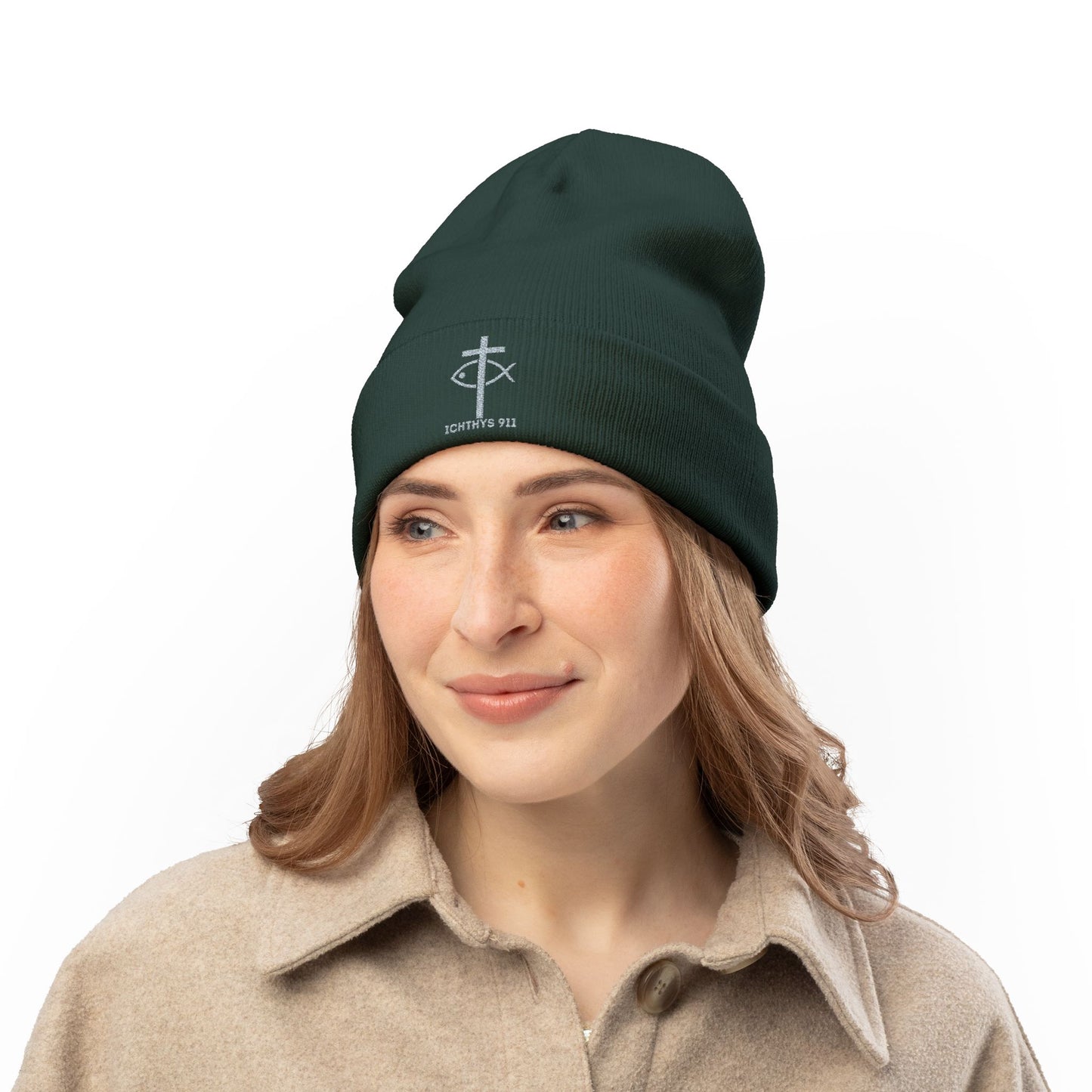 Chic and Cozy Knit Beanie with Custom Embroidery - Warm Winter Hat - Christian - Faith Based - ICHTHYS 911 Design