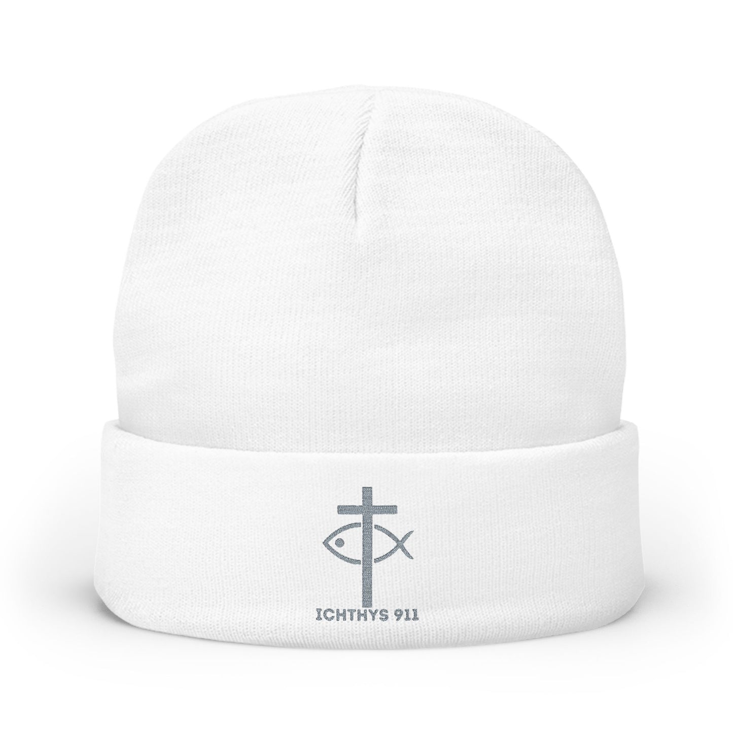 Chic and Cozy Knit Beanie with Custom Embroidery - Warm Winter Hat - Christian - Faith Based - ICHTHYS 911 Design