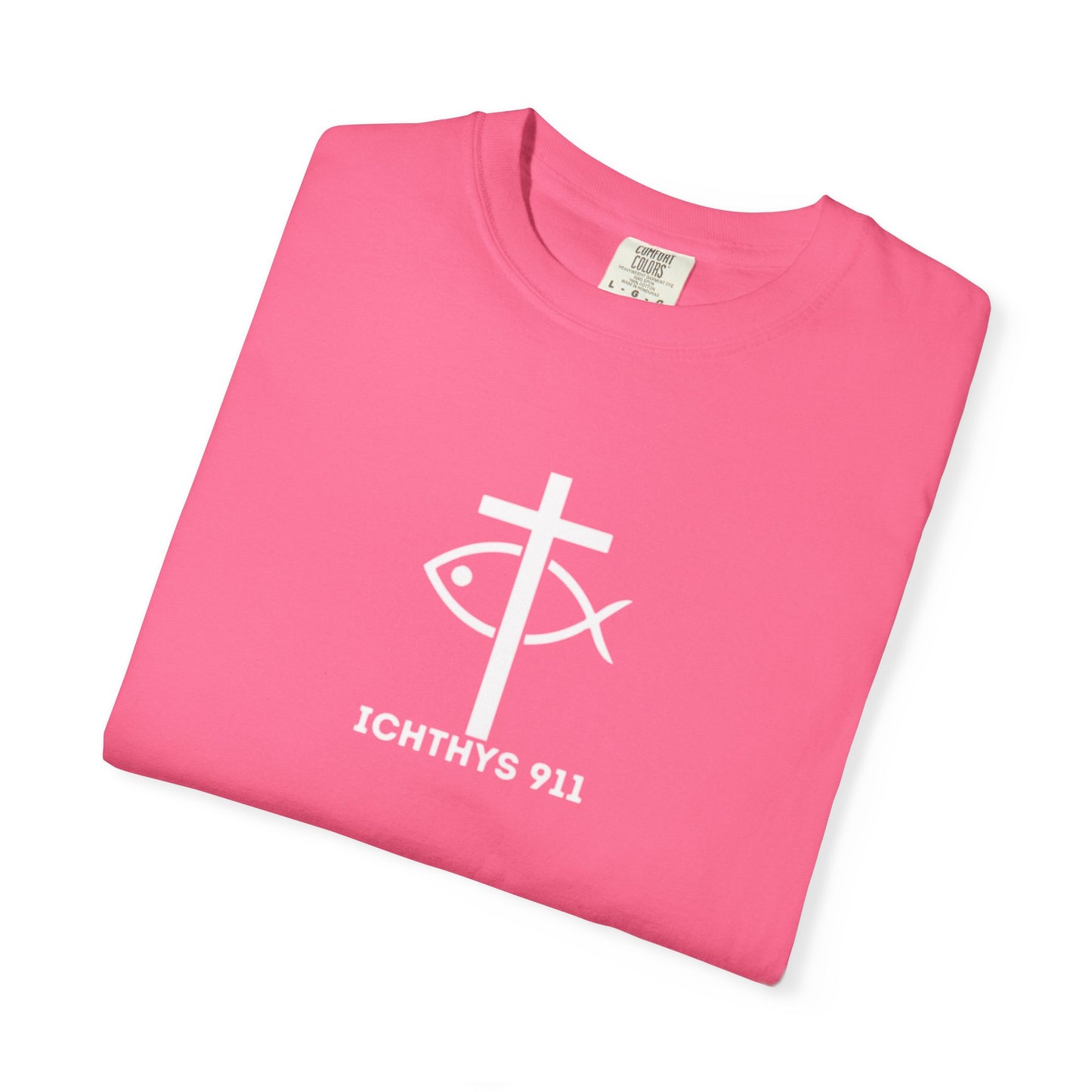 ICHTHYS 911 - White Font "Faith, Hope, & Love" - Garment Dyed - 100% US Cotton - Unisex T-Shirt - Men T-Shirt - Christian Women Tee - Faith-Inspired Shirt - Christian Fashion - Wear Your