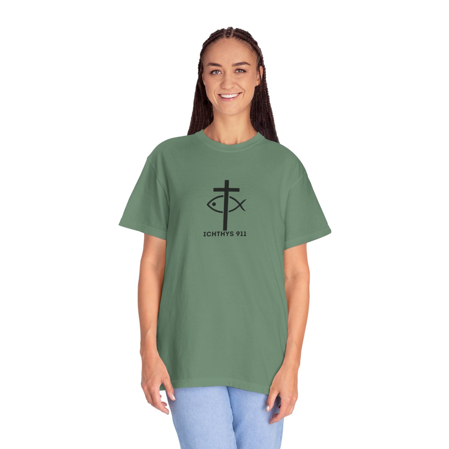 ICHTHYS 911 - Black Font "Faith & Strength" - Unisex Garment Dyed T- Shirt - 100% US Cotton - Men T-Shirt - Women T-Shirt - Inspirational Graphic T-Shirt for Everyday Motivation - Women T-Shirt - Soft T