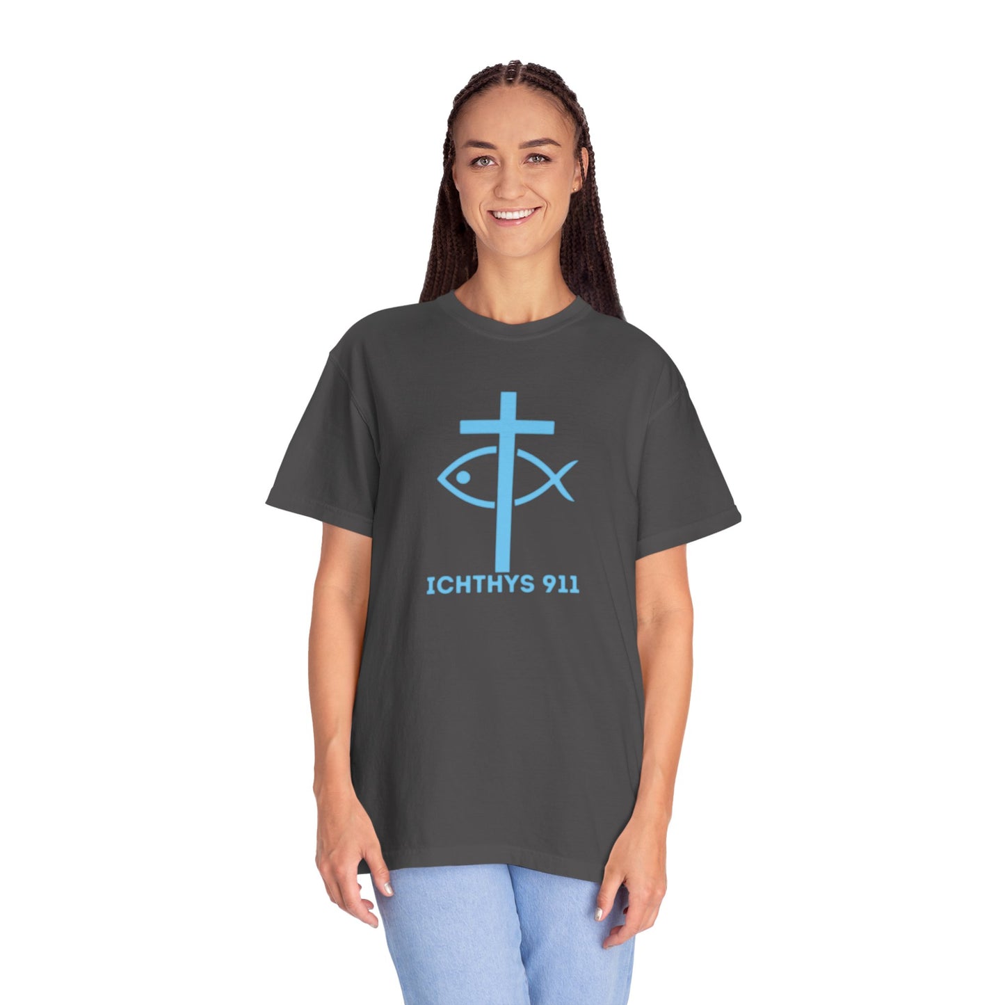 Jesus Christ Son of God Savior - Blue Font - Christian Streetwear T-Shirt – Jesus Gym & Faith Fashion, Unisex Garment-Dyed T-Shirt- ICHTHYS 911
