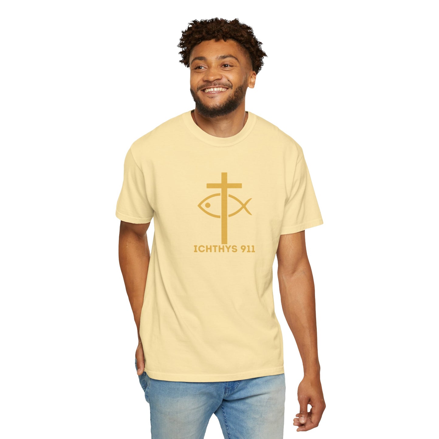 Iēsous Christos, Theou Yios, Sōtēr = Jesus Christ, Son of God, Savior - Gold Font - Unisex Garment Dyed T- Shirt - Men T-Shirt - Women T-Shirt - Christian Streetwear T-Shirt – Jesus Gym & Faith Fashion,ICHTHYS 911 -