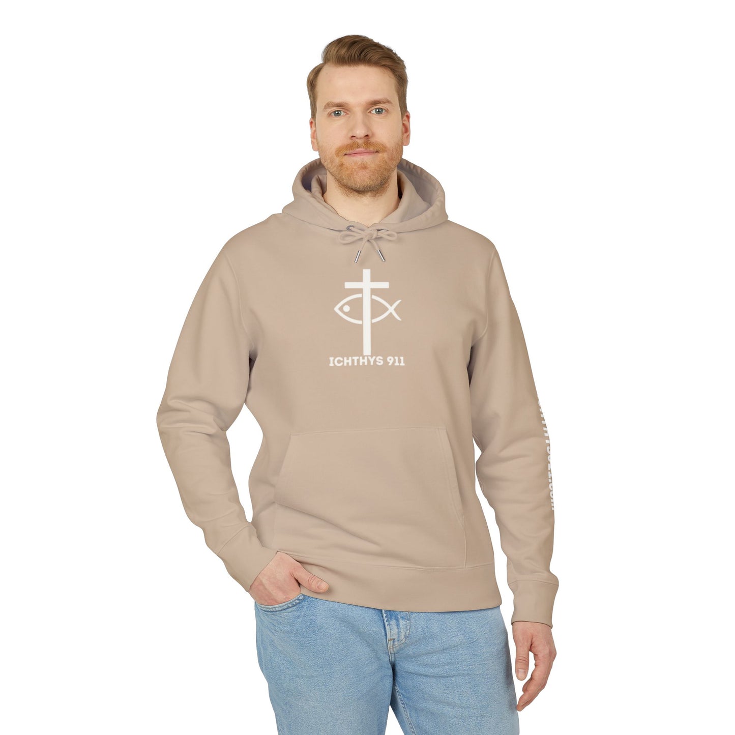 ICHTHYS 911 Hoodie – Unisex Pullover -White Font - Black Font on White - Heavy Fabric - ICHTHYS 911 Logo on Front & Back - 100% Organic