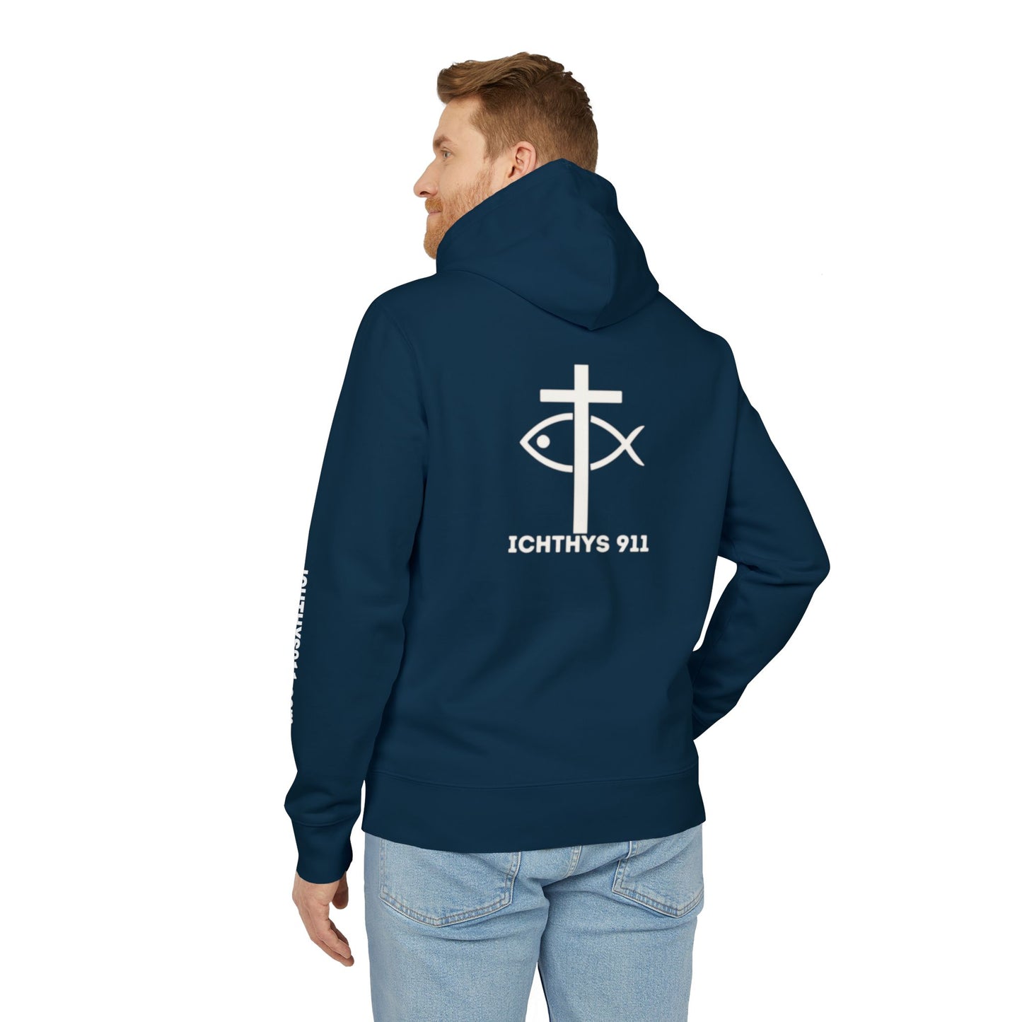 ICHTHYS 911 Hoodie – Unisex Pullover -White Font - Black Font on White - Heavy Fabric - ICHTHYS 911 Logo on Front & Back - 100% Organic