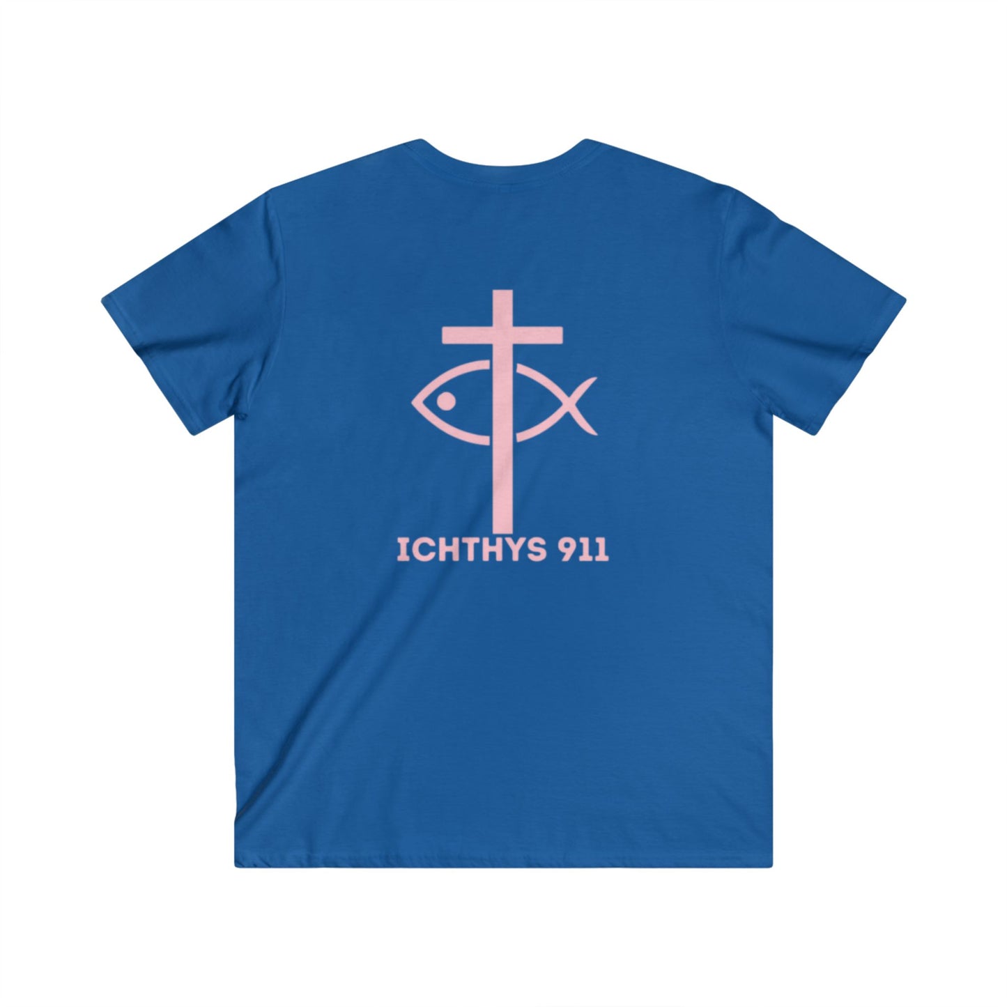 Authentic Round Collection - Men's Fitted V-Neck Short Sleeve T - Shirt - Faith-Inspired - Christian Faith - Pink Font - ICHTHYS 911