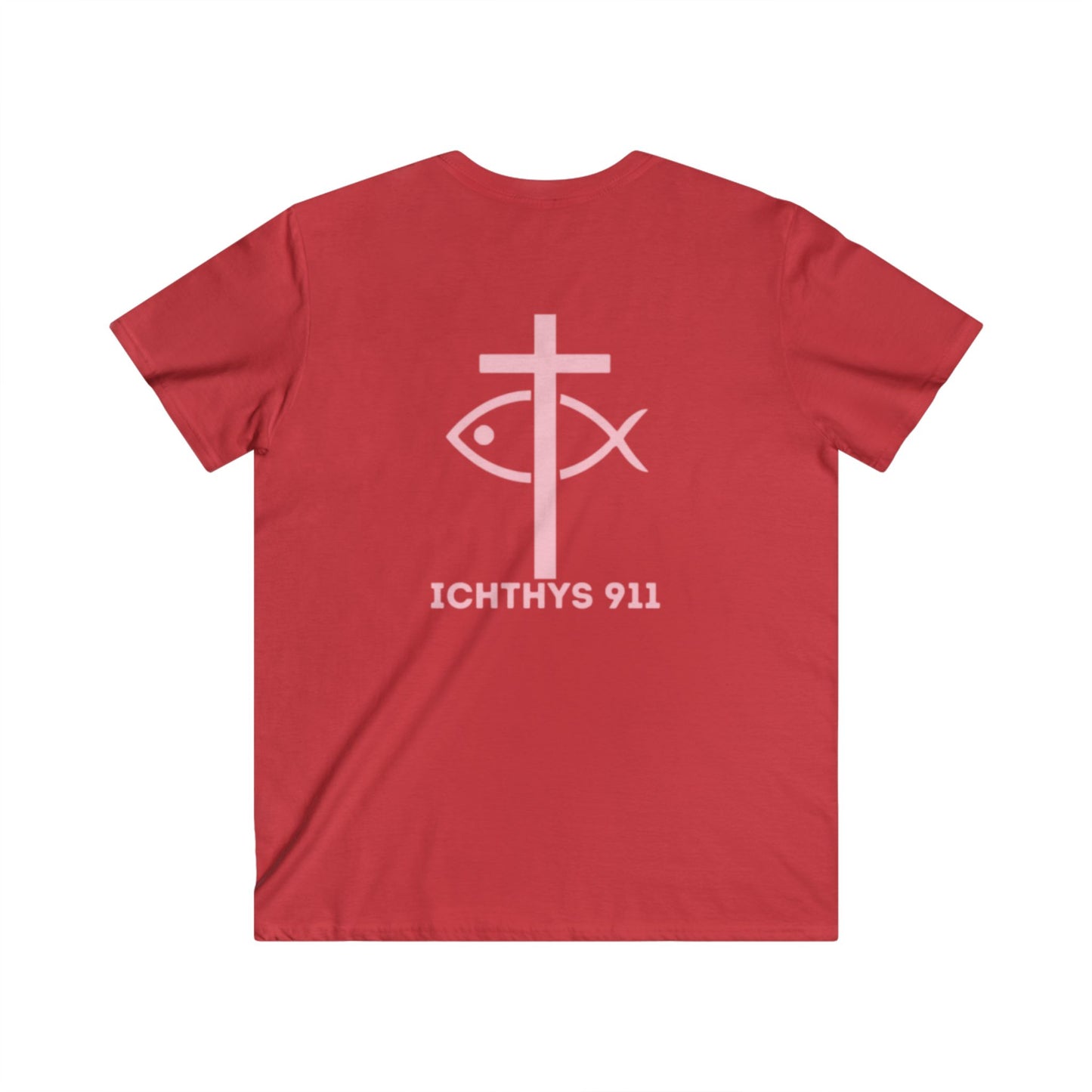 Authentic Round Collection - Men's Fitted V-Neck Short Sleeve T - Shirt - Faith-Inspired - Christian Faith - Pink Font - ICHTHYS 911