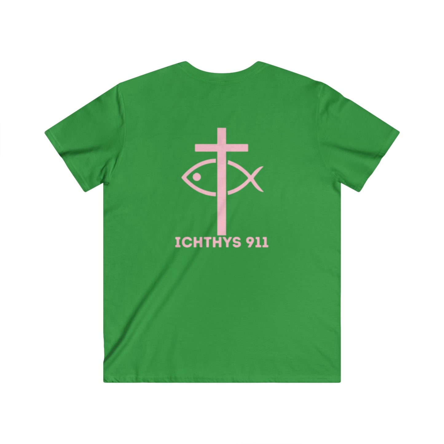 Authentic Round Collection - Men's Fitted V-Neck Short Sleeve T - Shirt - Faith-Inspired - Christian Faith - Pink Font - ICHTHYS 911