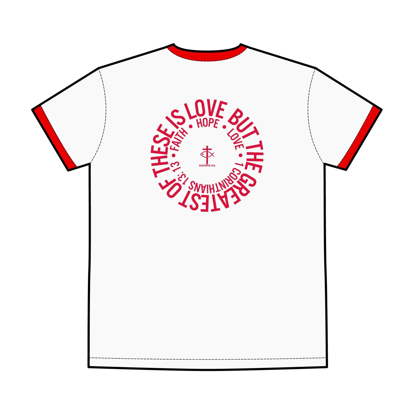 Faith, Hope, & Love - Red Font - Unisex - T-Shirt - Men T-Shirt - Christian Women Tee - Faith-Inspired Shirt - Christian Fashion - Wear Your Faith - ICHTHYS 911 - Jesus Shirt