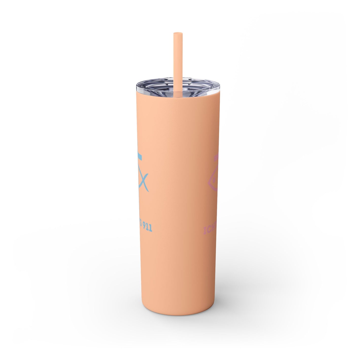 ICHTHYS 911 Pink & Blue Faith-Inspired Skinny Tumbler with Straw - 20oz Baby Shower Drip - Party Favor