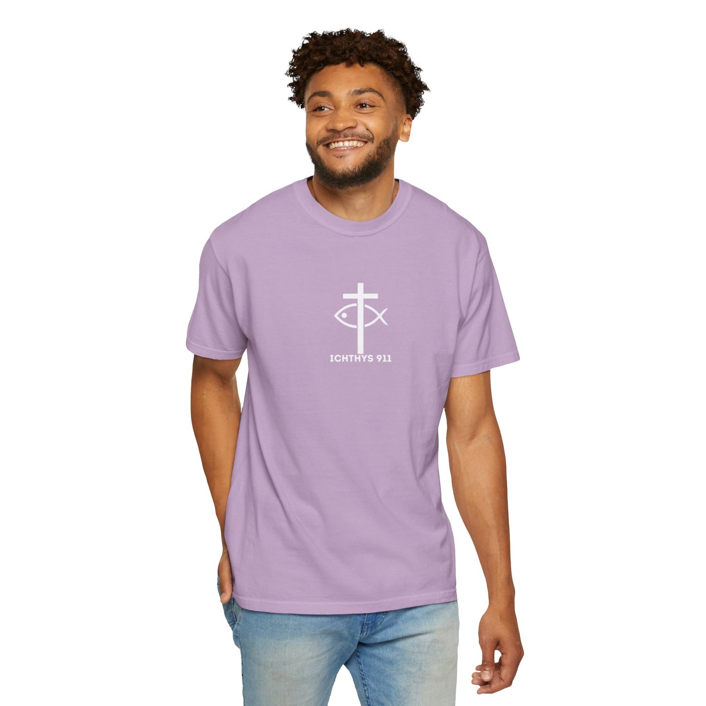ICHTHYS 911 - White Font "Faith, Hope, & Love" - Garment Dyed - 100% US Cotton - Unisex T-Shirt - Men T-Shirt - Christian Women Tee - Faith-Inspired Shirt - Christian Fashion - Wear Your Faith - Additional Colors