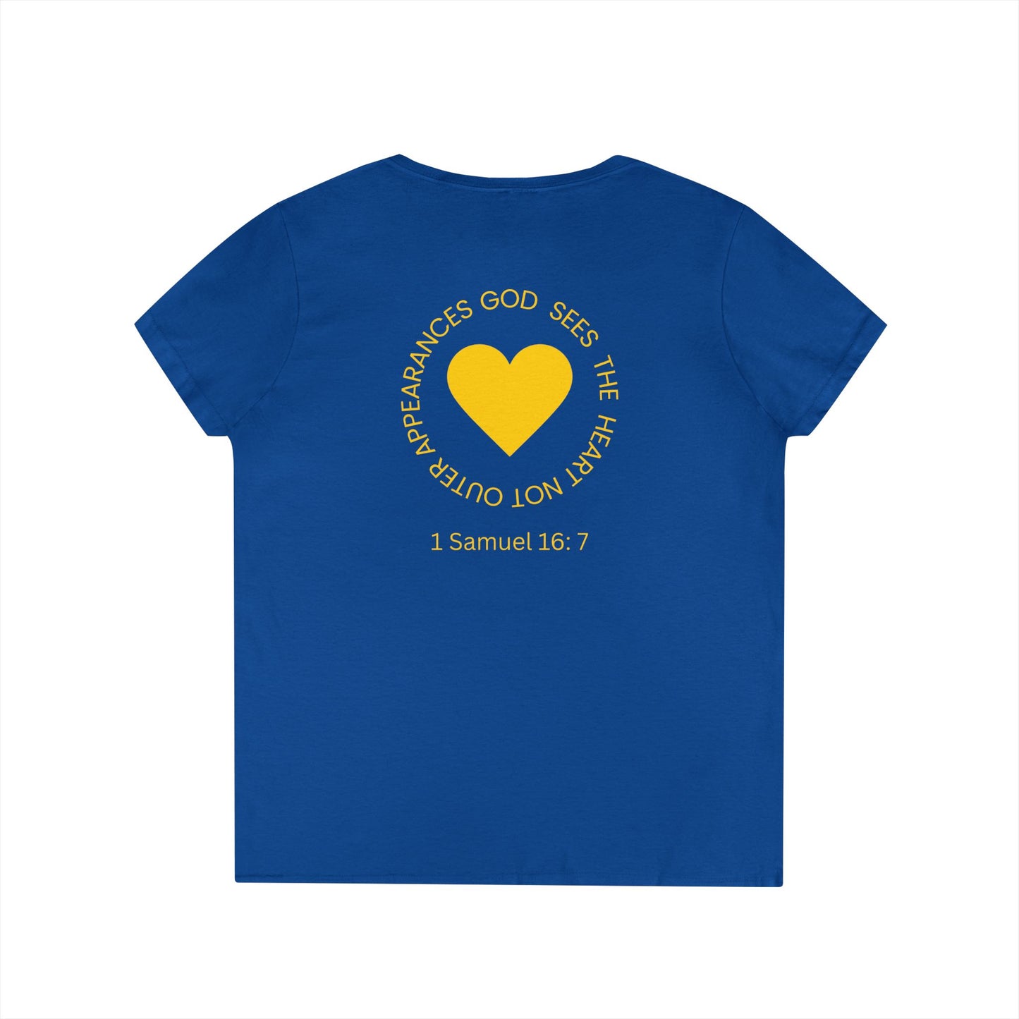 God Sees The Heart Gold Font Women’s Faith-Inspired V-Neck T-Shirt - ICHTHYS 911 Design911 Design