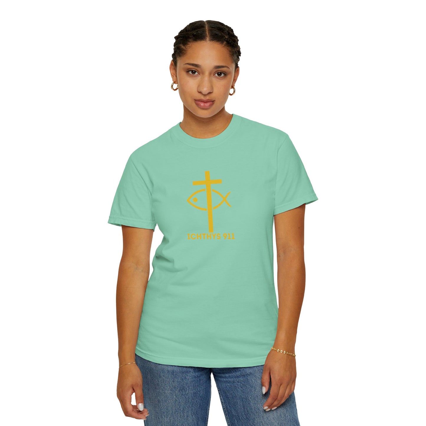 "Jesus Christ Son of God Savior" - Gold Font - Unisex Garment Dyed T- Shirt - Men T-Shirt - Women T-Shirt - Christian Streetwear T-Shirt – Jesus Gym & Faith Fashion,ICHTHYS 911 -