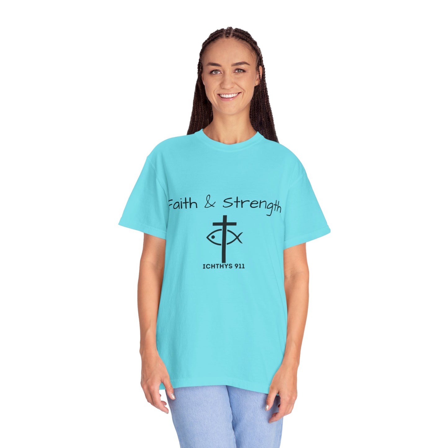 ICHTHYS 911 "Faith & Strength" Reverse - Black Font - Unisex Garment -Dyed Tee - 100% US Cotton - Men T-Shirt - Women T-Shirt - Inspirational Christian Shirt - Very Good Quality and Feel