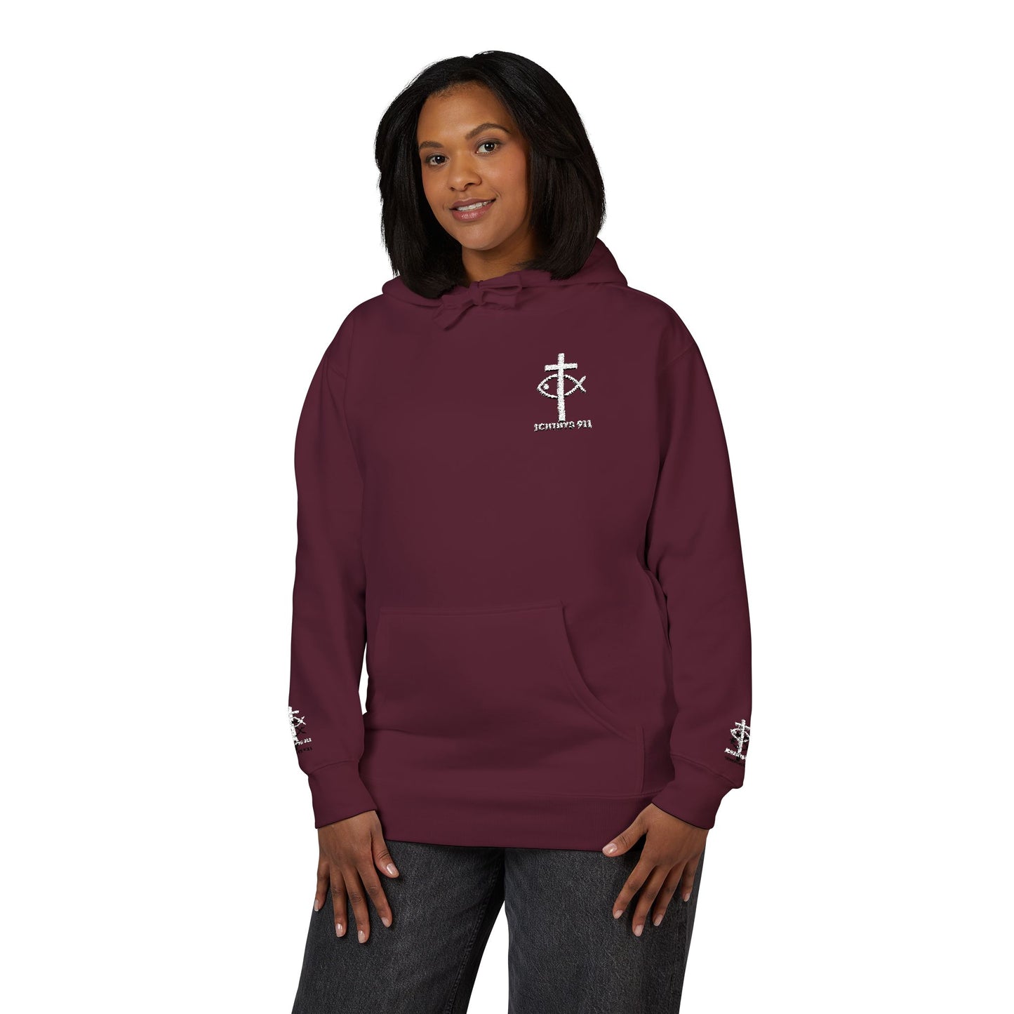 ICHTHYS 911 Embroidery Hoodie Pullover - Unsex - Elevated Embroider Gift for Her or Him - Christian Wear