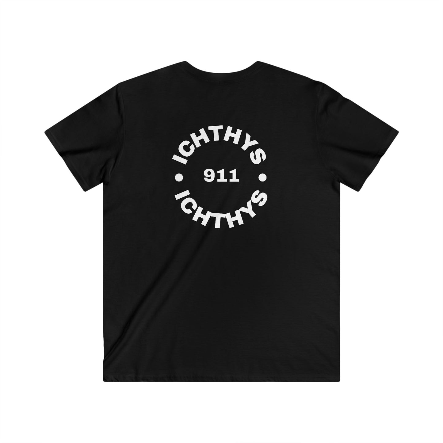 ICHTHYS 911 - White Font - "IC Round" - Men's Fitted V-Neck Tee - Casual Comfort for Everyday Wear - Casual T-Shirt - Soft Shirt - Faith Wear