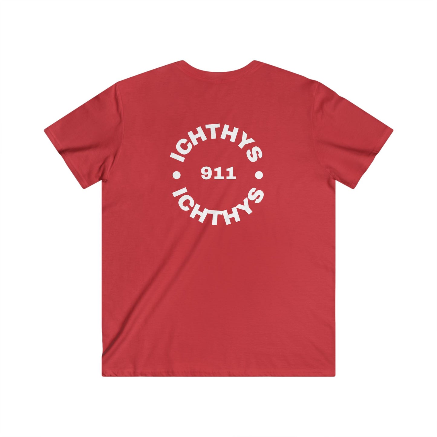 ICHTHYS 911 - White Font - "IC Round" - Men's Fitted V-Neck Tee - Casual Comfort for Everyday Wear - Casual T-Shirt - Soft Shirt - Faith Wear