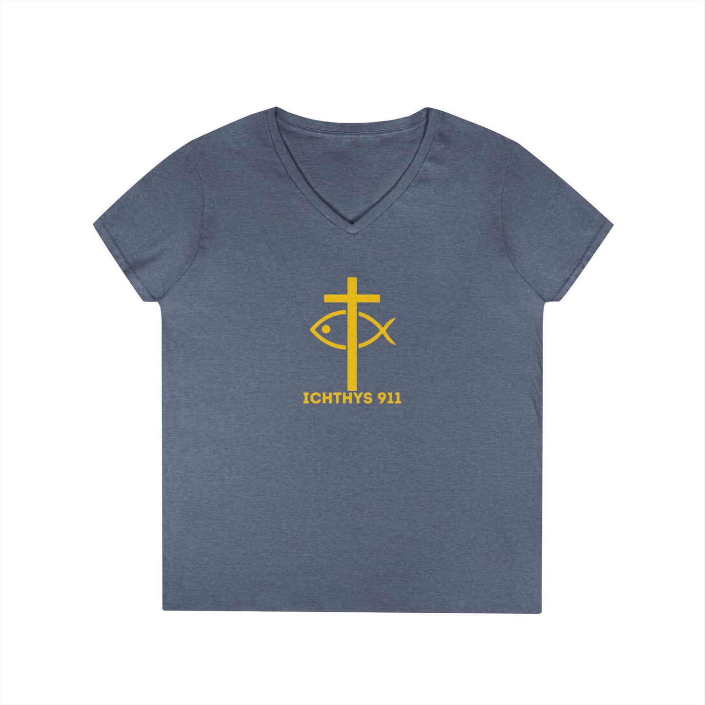 God Sees The Heart Gold Font Women’s Faith-Inspired V-Neck T-Shirt - ICHTHYS 911 Design911 Design