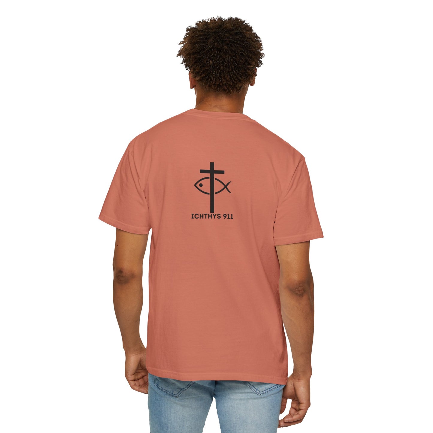 ICHTHYS 911 "Faith & Strength" Reverse - Black Font - Unisex Garment -Dyed Tee - 100% US Cotton - Men T-Shirt - Women T-Shirt - Inspirational Christian Shirt - Very Good Quality and Feel
