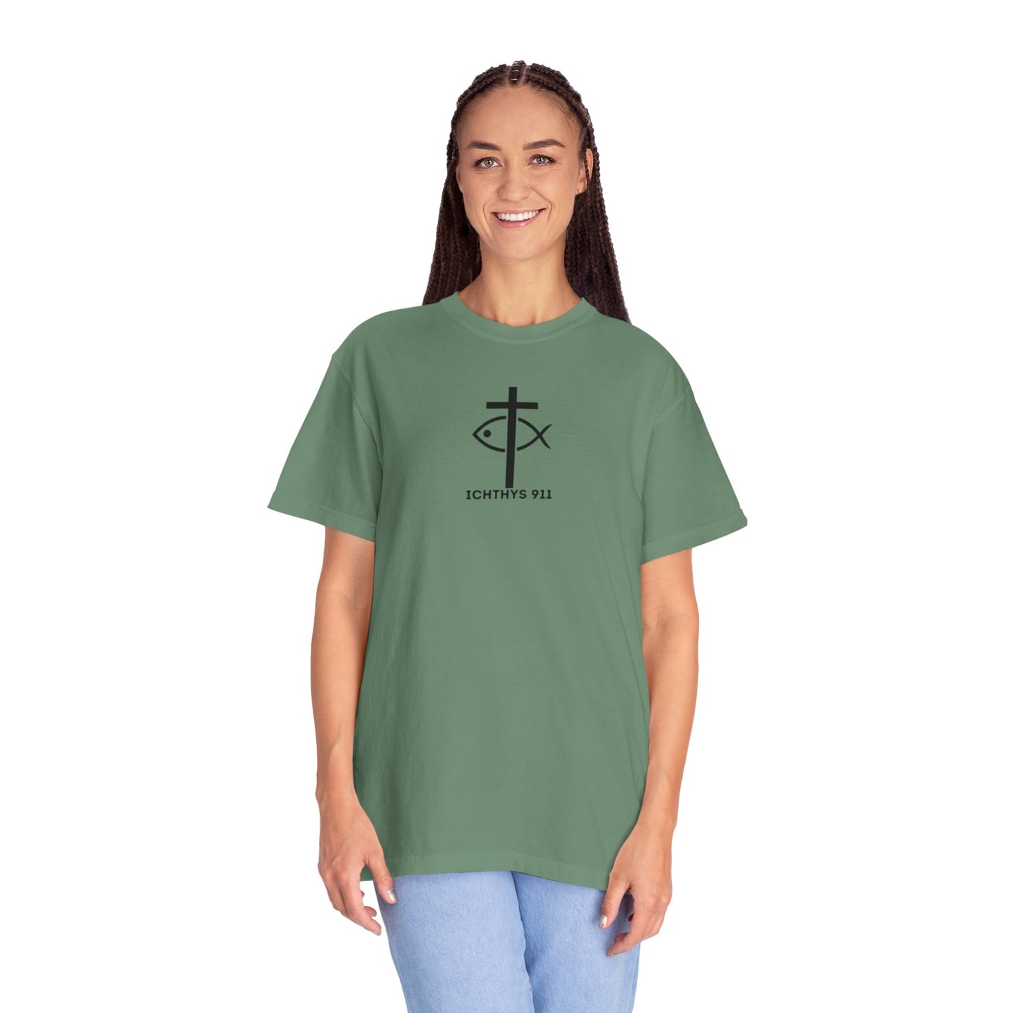 ICHTHYS 911 Black Font - "Run With Endurance Hebrews 12:1" - Unisex Garment Dyed T-Shirt -100% US Cotton - Men T-Shirt - Women T-Shirt - Bible Verse - Christian Faith - Christian Workout