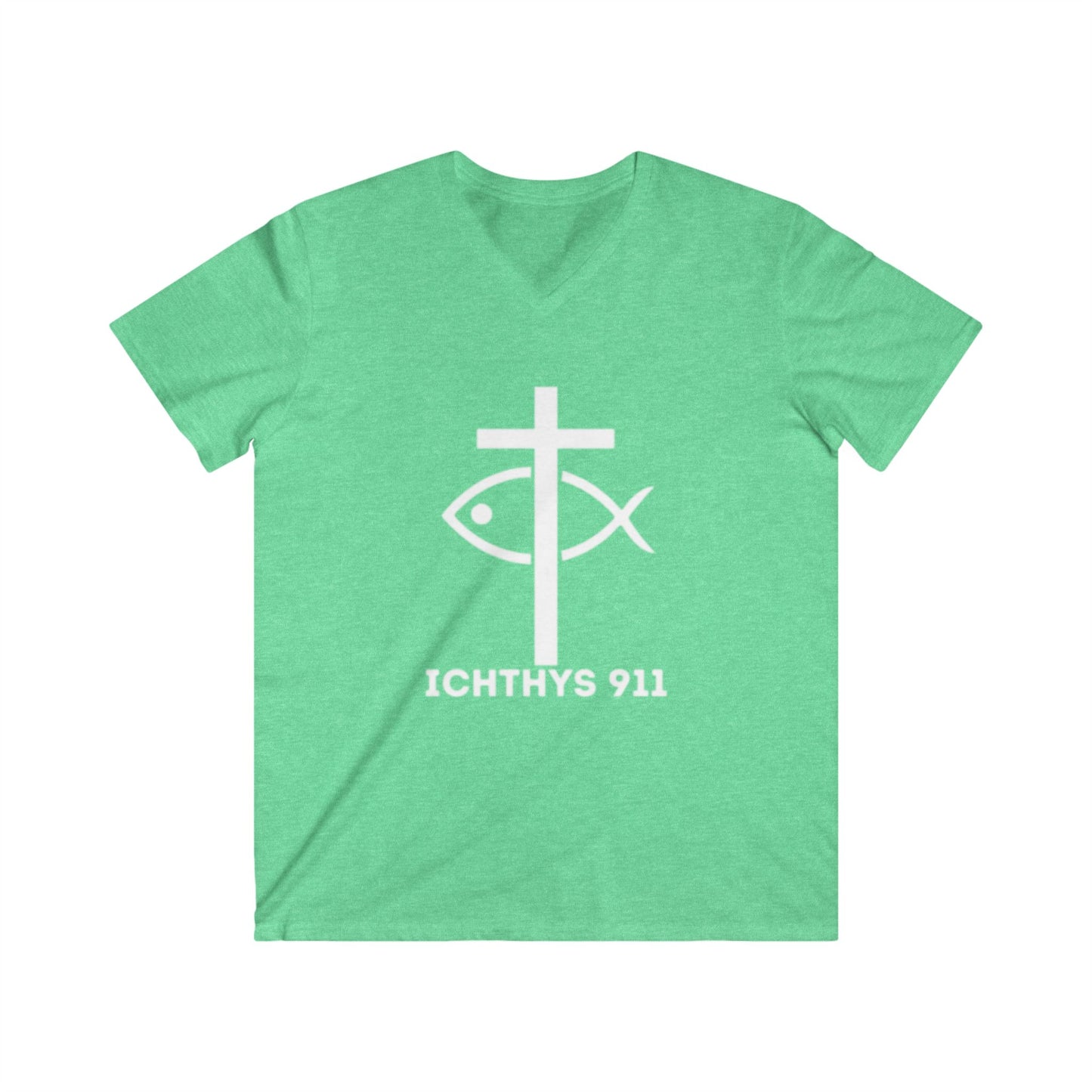 ICHTHYS 911 - Jesus Christ - Son of God - Savior Collection - Reverse Logo - Men's Fitted V-Neck Short Sleeve T - Shirt - Faith-Inspired - Christian Faith - White Font