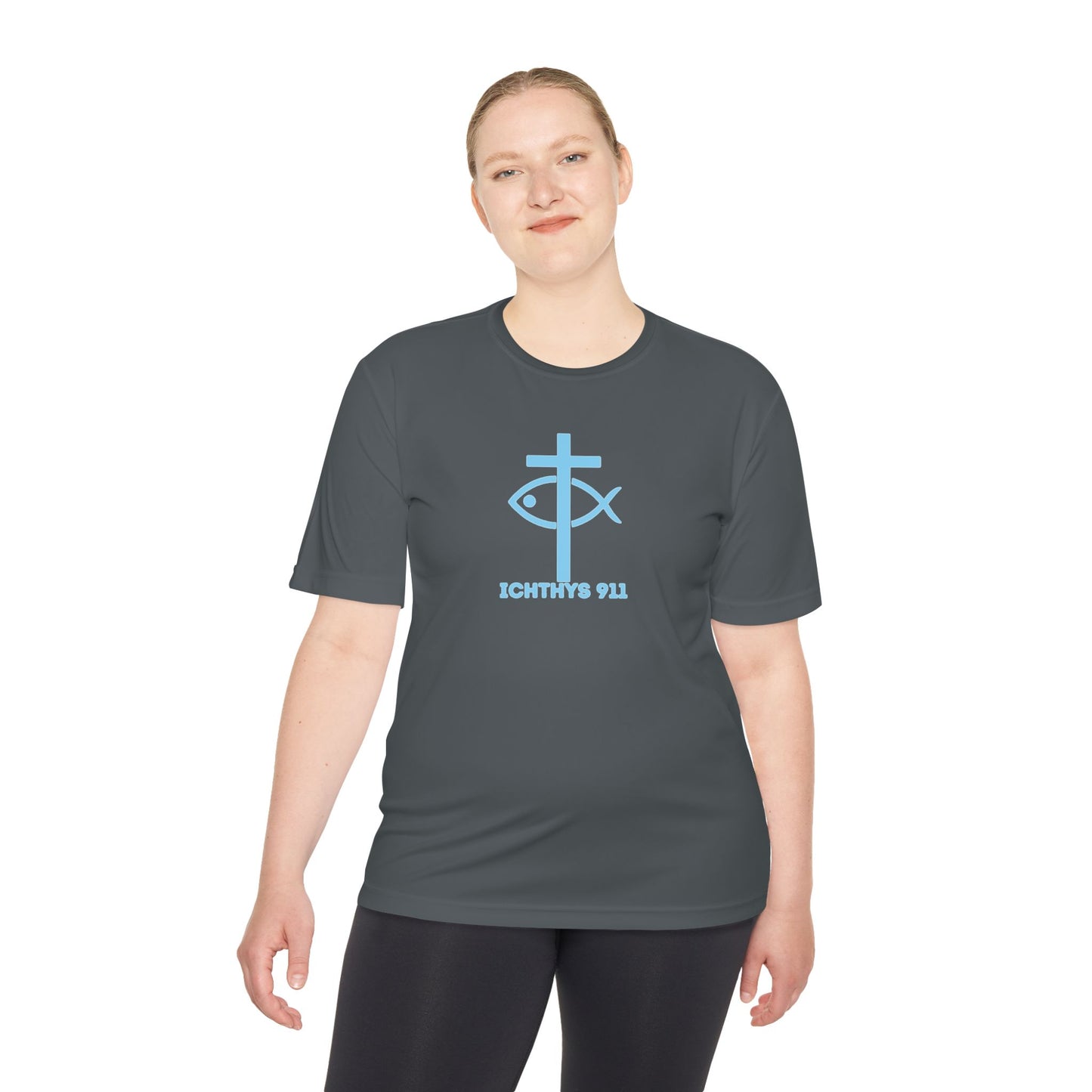 ICHTHYS 911 - Blue Font - "Jesus Is His Name Saving Souls is His Game" - Unisex Performance Shirt -Men T-Shirt - Women - Moisture Wicking Tee911