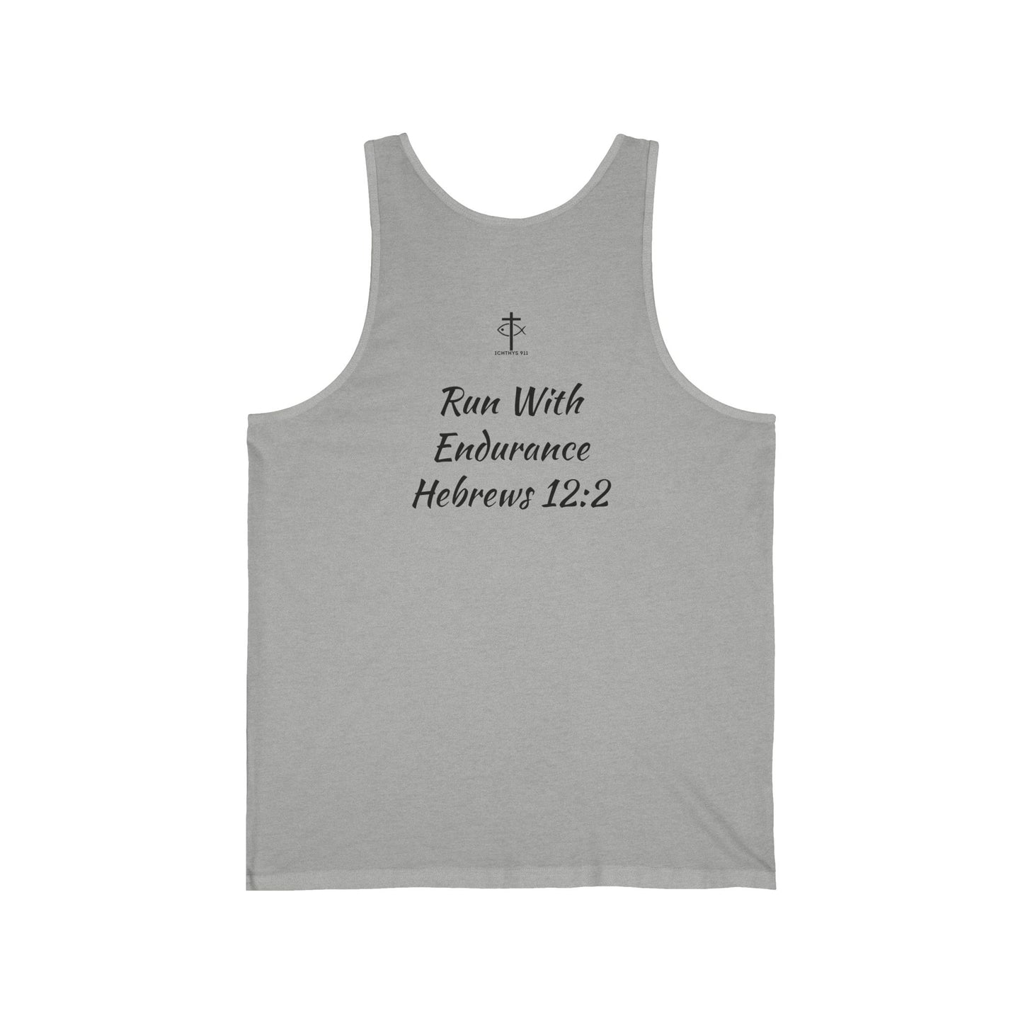 Run With Endurance T-Shirt – Hebrews 12:1 Inspirational Christian Tee - ICHTHYS 911 Unisex Jersey Tank Top - Casual Christian Symbol Graphic Tank Top