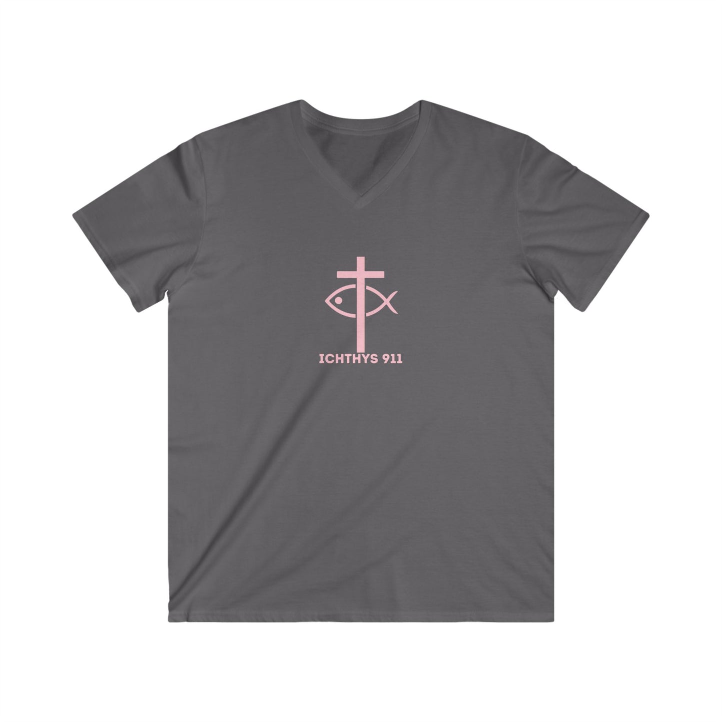 ICHTHYS 911 - Authentic Collection - Men's Fitted V-Neck Short Sleeve T - Shirt - Faith-Inspired - Christian Faith - Light Pink Font