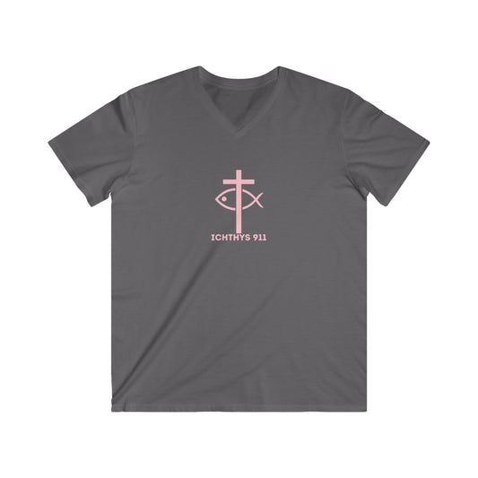 ICHTHYS 911 - Authentic Collection - Men's Fitted V-Neck Short Sleeve T - Shirt - Faith-Inspired - Christian Faith - Light Pink Font