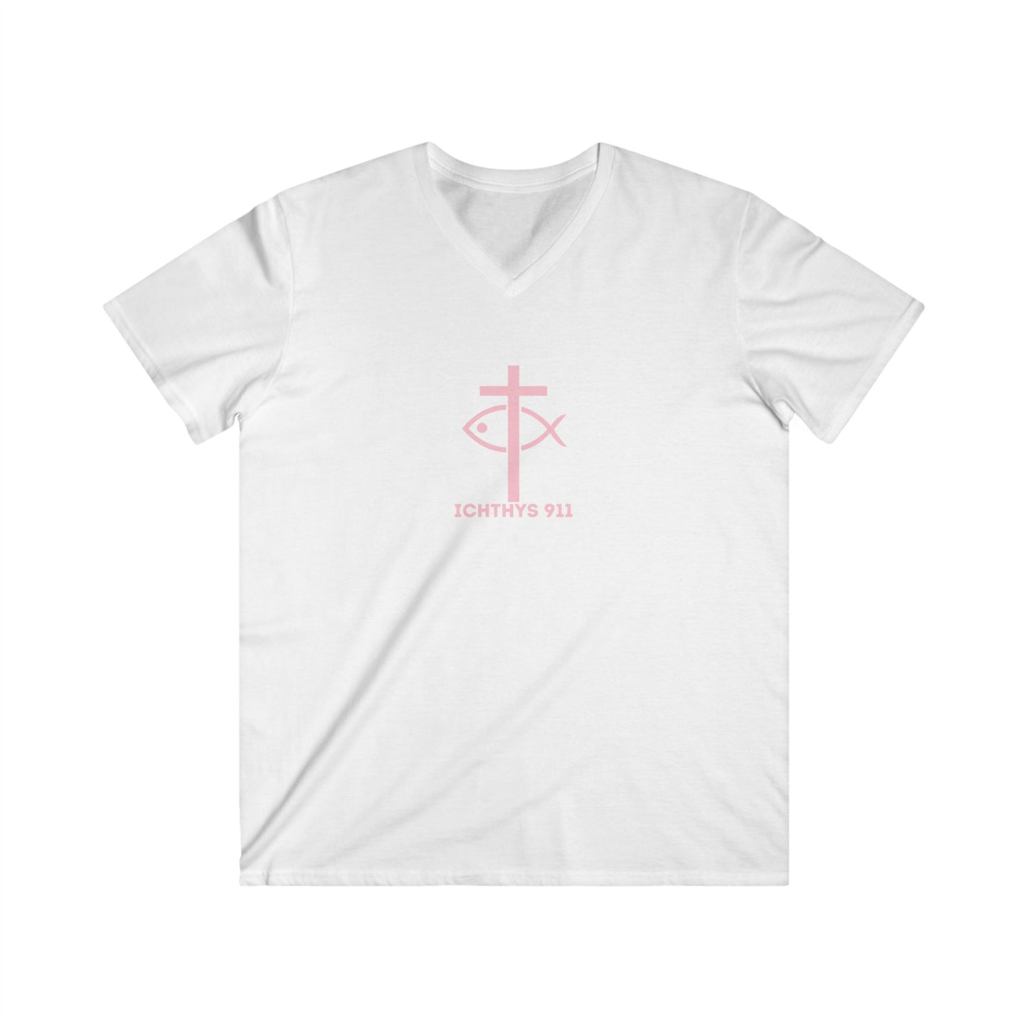 ICHTHYS 911 - Authentic Collection - Men's Fitted V-Neck Short Sleeve T - Shirt - Faith-Inspired - Christian Faith - Light Pink Font