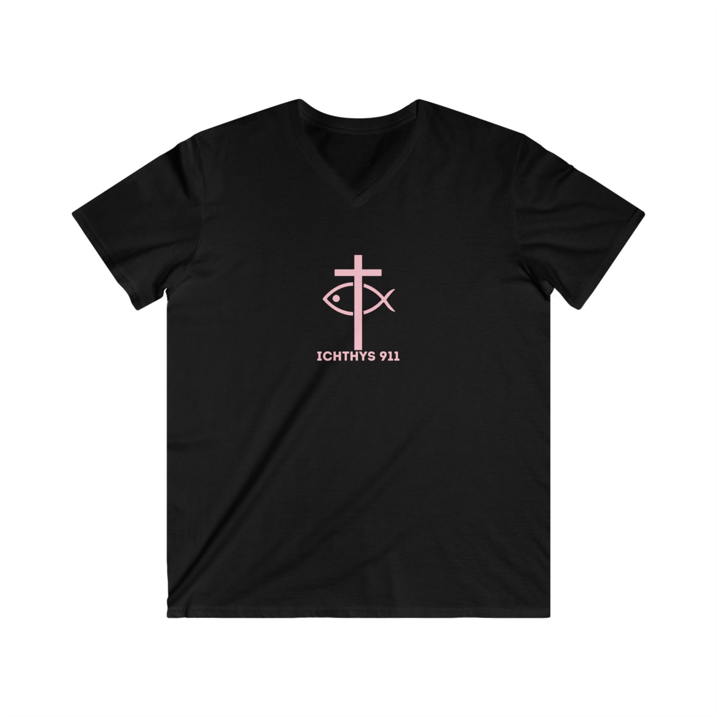 ICHTHYS 911 - Authentic Collection - Men's Fitted V-Neck Short Sleeve T - Shirt - Faith-Inspired - Christian Faith - Light Pink Font