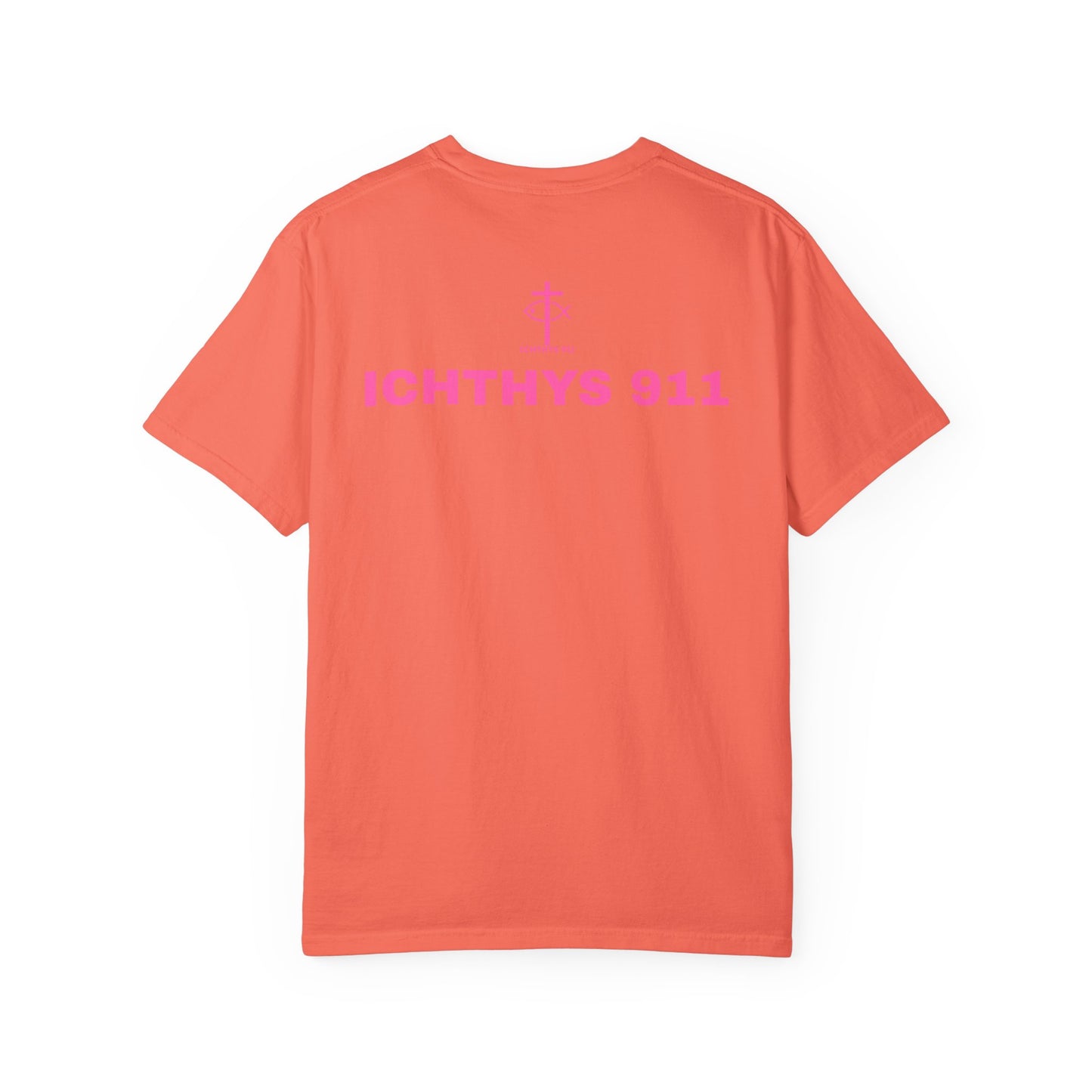 ICHTHYS 911 - "Authentic Design" - Pink Font - Unisex - Men T-Shirt - Women T-Shirt - Christian Streetwear T-Shirt – Jesus Gym & Faith Fashion, Unisex Garment-Dyed T-Shirt