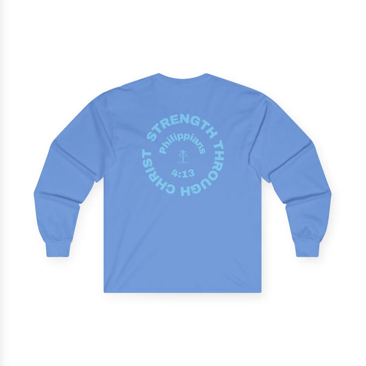 Strength Through Christ Philippians 4:13 - Blue Font - Unisex Shirt - Men - Women - Christian Activewear - Wear Your Faith Long Sleeve Tee - ICHTHYS 911