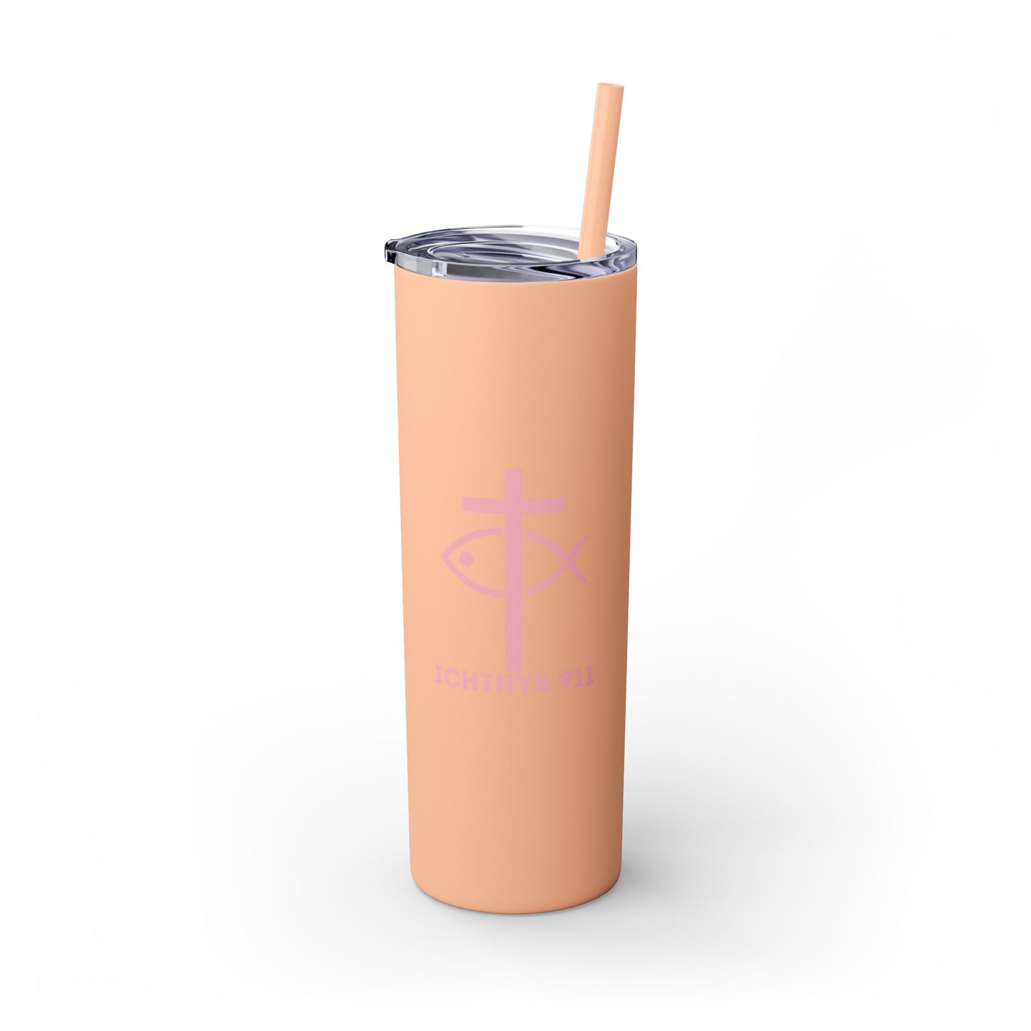 ICHTHYS 911 Pink Font Faith-Inspired Skinny Tumbler with Straw - 20oz