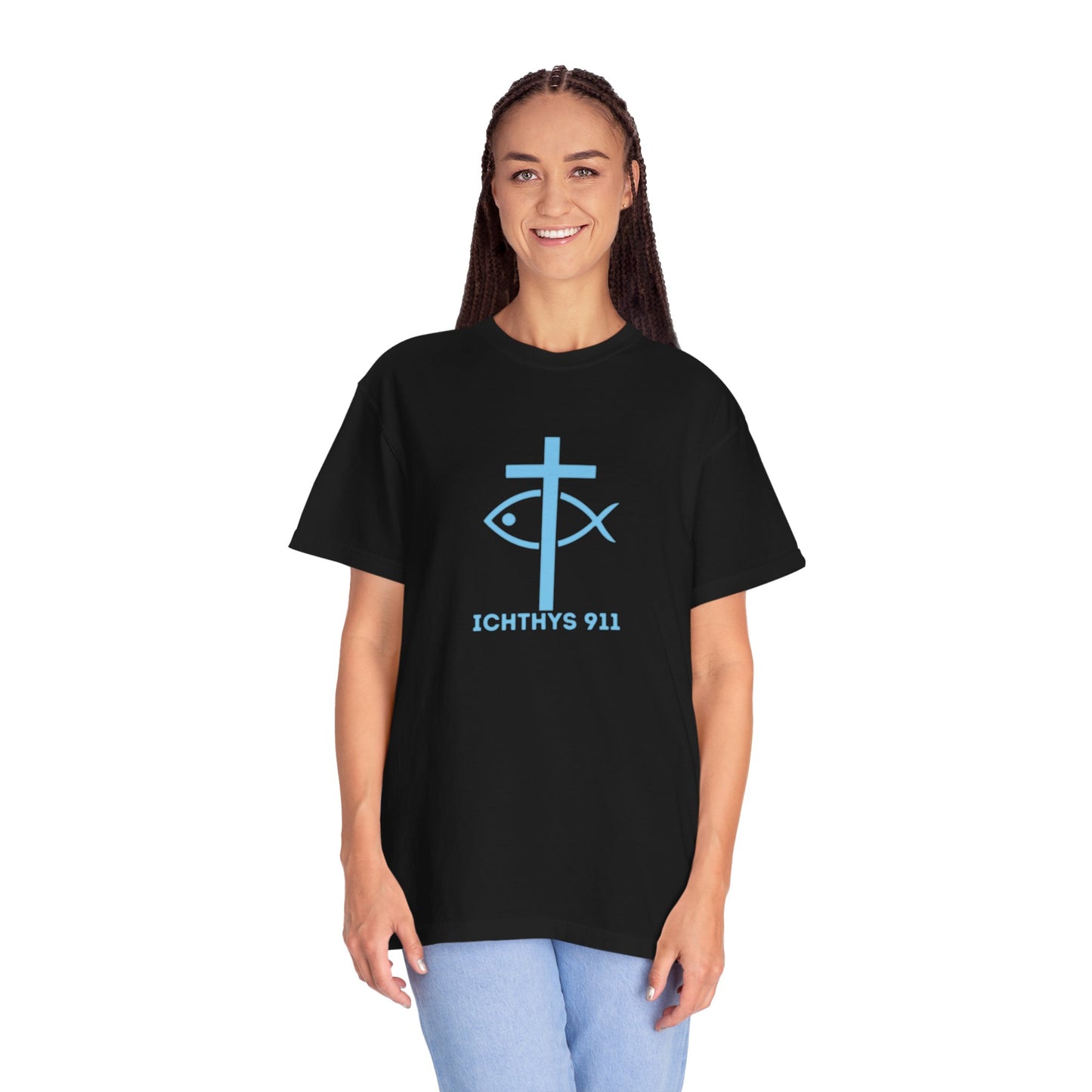 ICHTHYS 911 "Strength Through Christ Philippians 4:13" - Blue Font - Unisex Garment Dyed T- Shirt - 100% US Cotton -Men T-Shirt - Women T-Shirt- Christian Activewear - Wear Your Faith