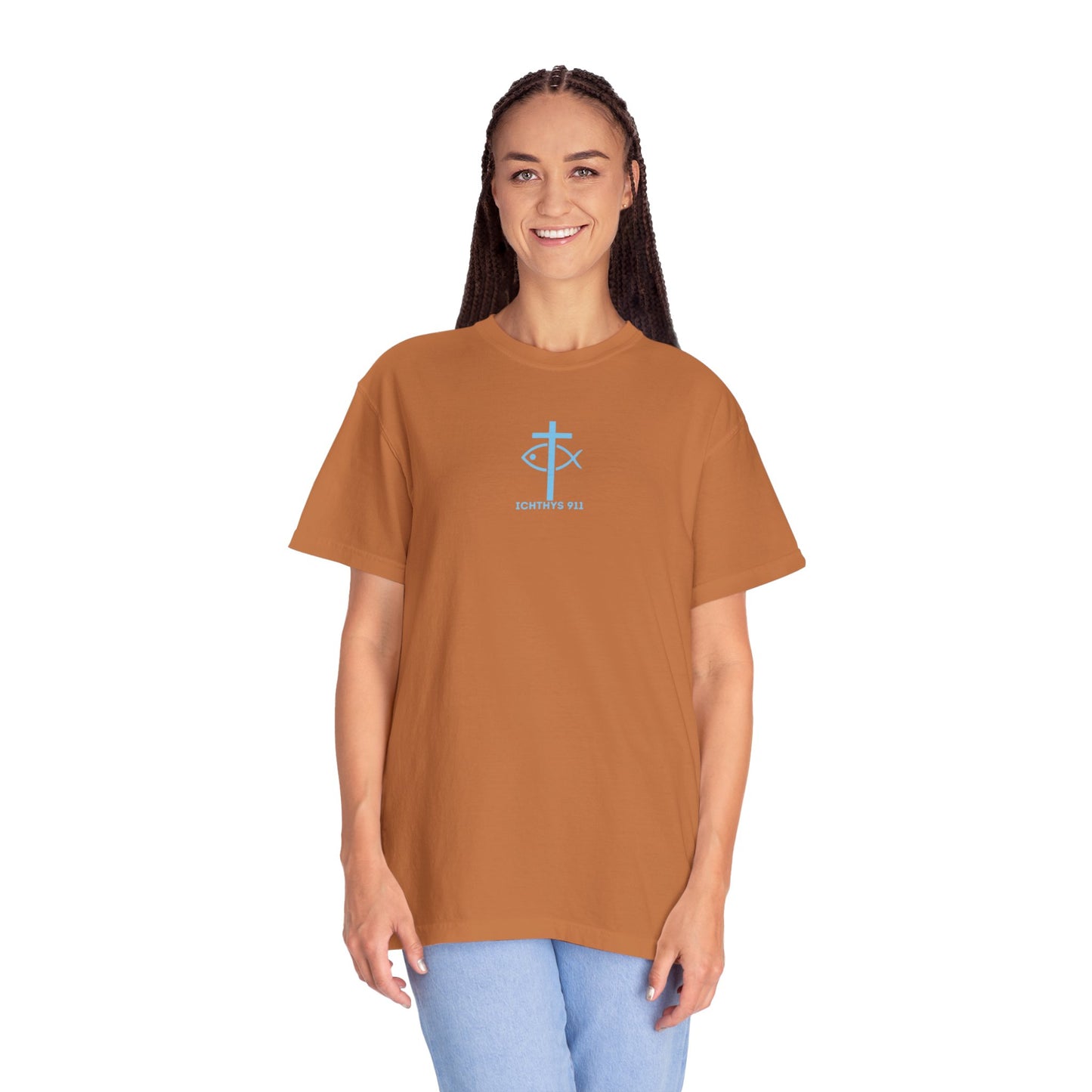 ICHTHYS 911 - Blue Font - Vendor - "Iēsous Christos, Theou Yios, Sōtēr" - Garment-Dyed Unisex T-Shirt - Men T-Shirt - Women T-Shirt - Christian Symbol - Greek - Faith Inspired -Christian Streetwear – Jesus Gym & Faith Fashion, Unisex Garment