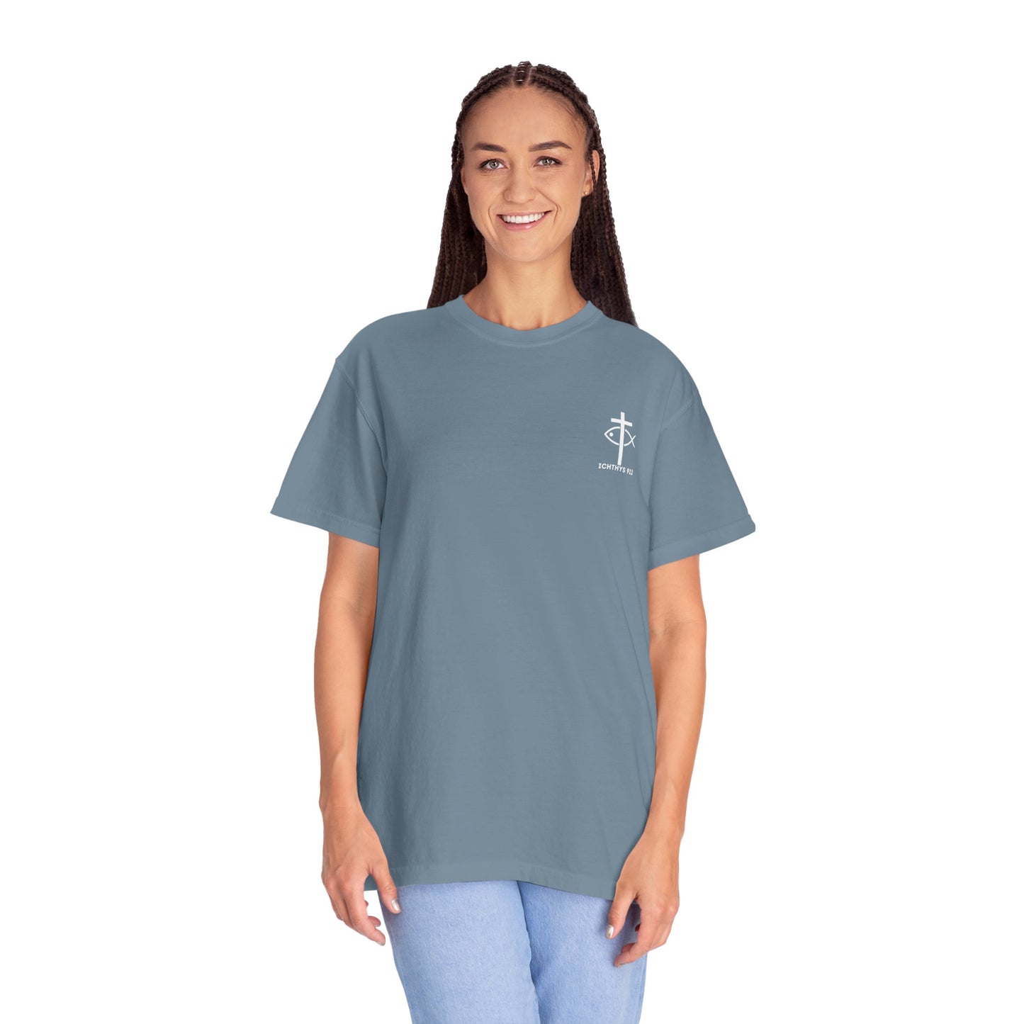 ICHTHYS 911 Badge Collection - White Font - Unisex  Garment Dyed T-Shirt - 100% US Cotton - Men T-Shirt - Women T-Shirt - Christian Graphic Tee - Gym - T - Christian Faith - Jesus Wear - White Font