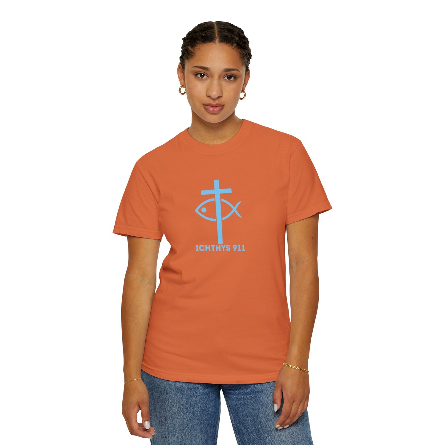 Jesus Christ Son of God Savior - Blue Font - Unisex Garment Dyed T- Shirt - Men T-Shirt - Women T-Shirt - Christian Streetwear T-Shirt – Jesus Gym & Faith Fashion - ICHTHYS 911